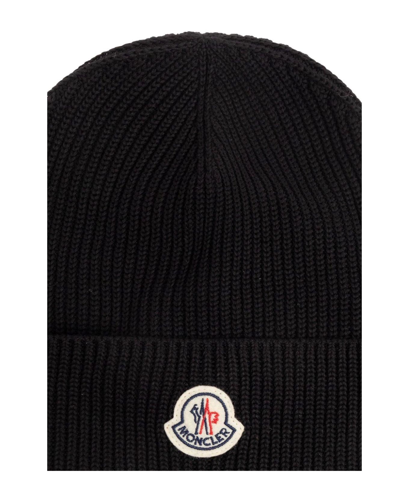 Moncler Logo Patch Ribbed-knit Beanie - Black