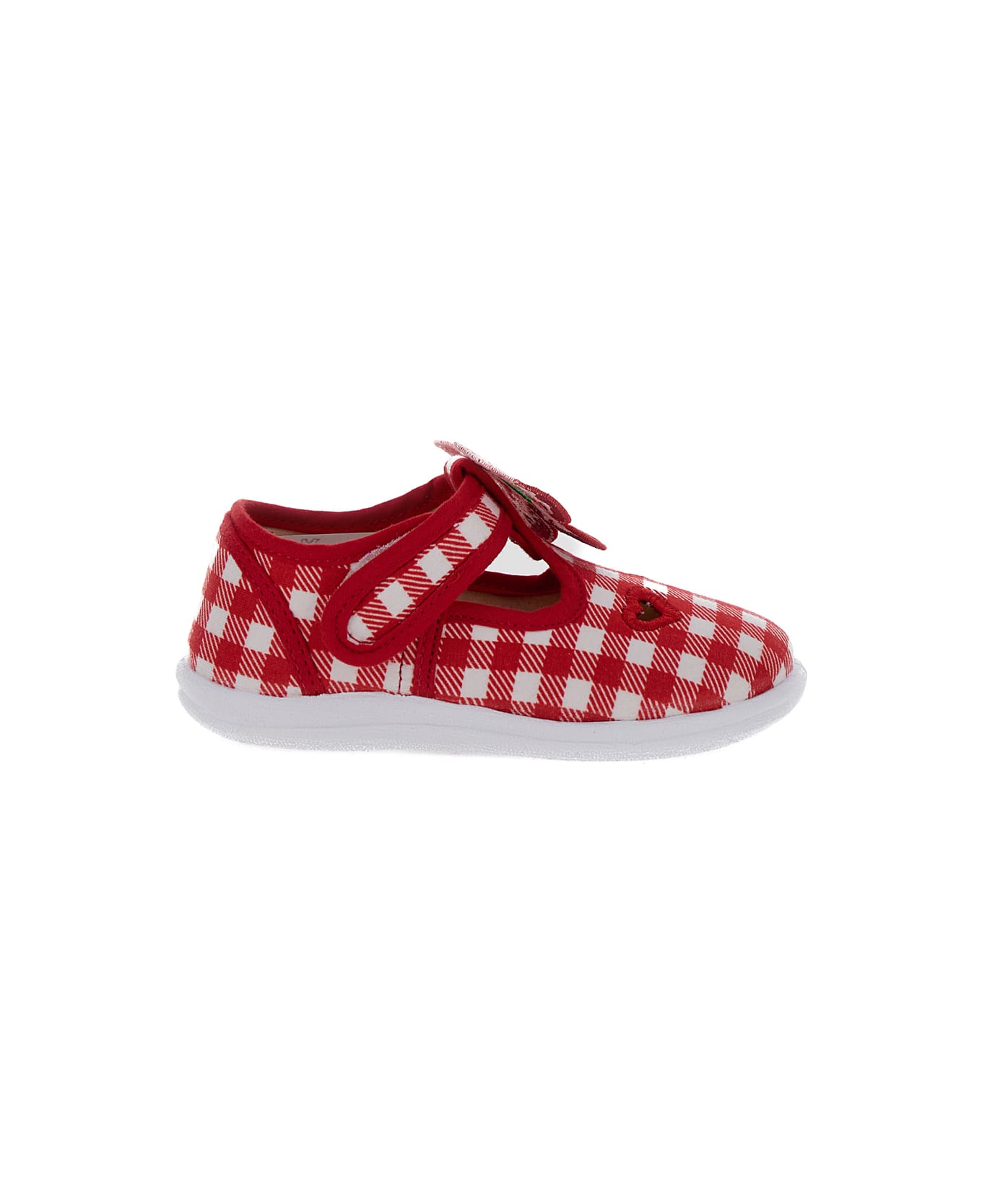 Monnalisa Red And White Shoes With Check Motif And Heart Cut-out In Stretch Cotton Baby - Red