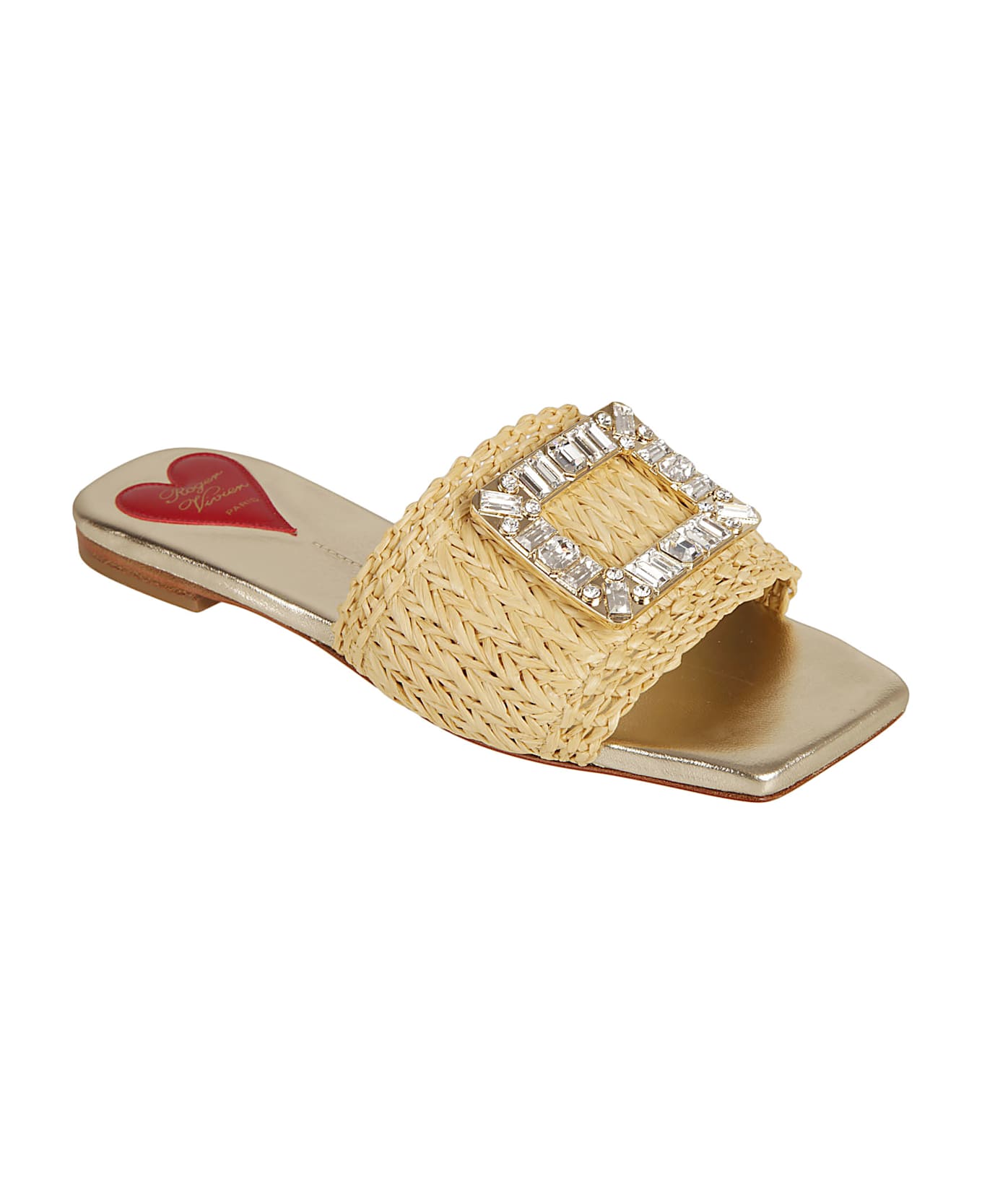 Roger Vivier Strass Buckle Rafia Mules - Cream