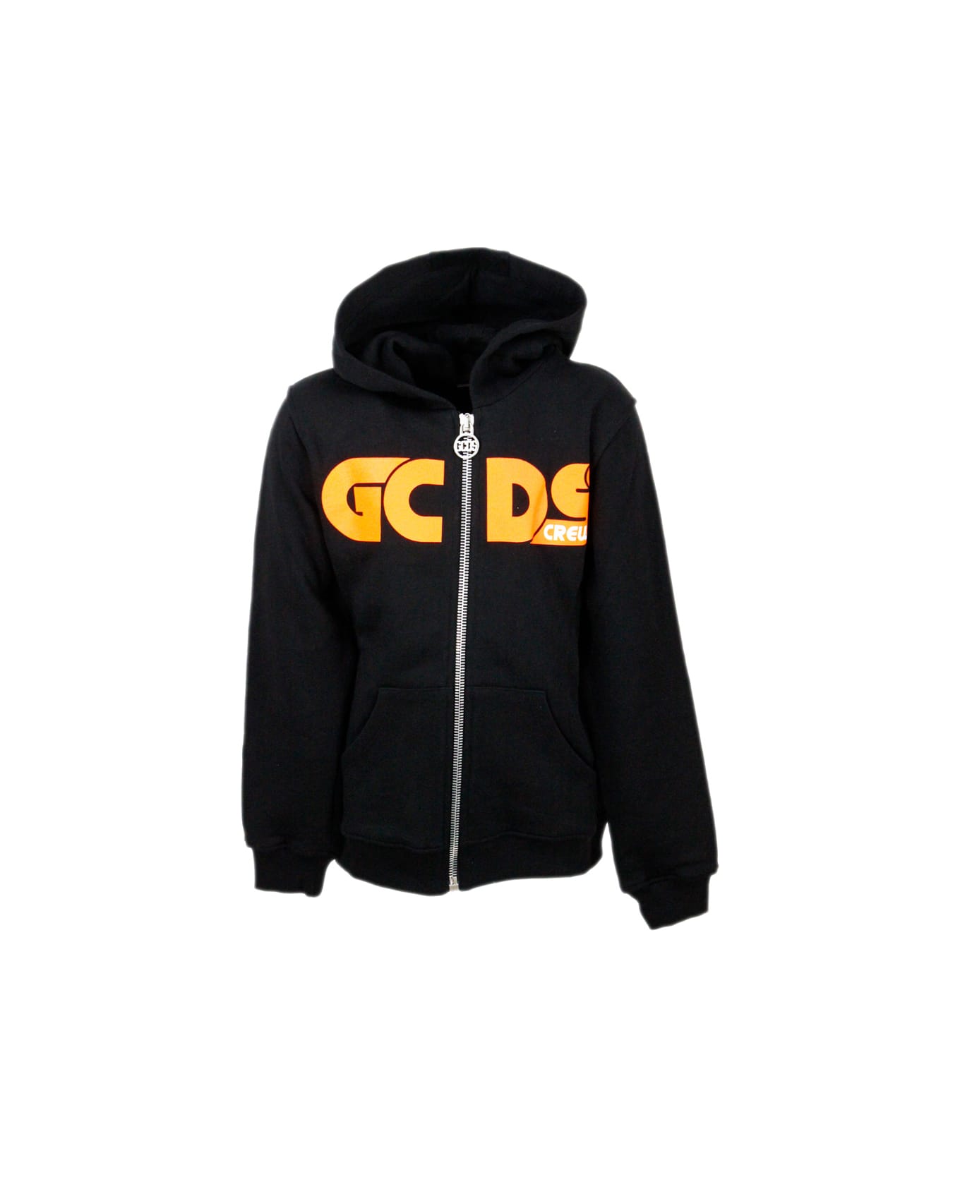 GCDS Hooded Sweatshirt With Zip And Fluo Writing - Black
