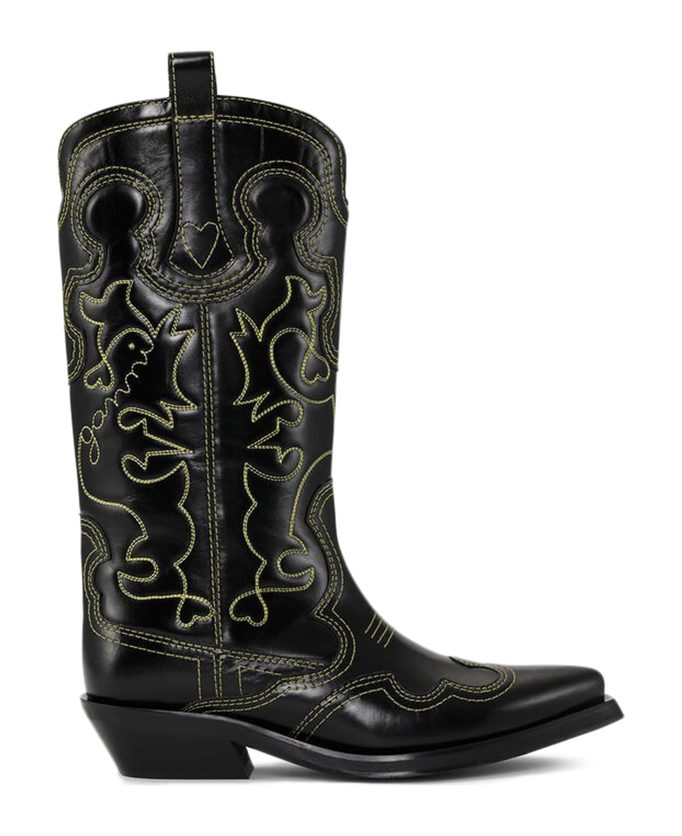 Ganni Mid Shaft Embroidered Western Boot Yellow St - Black ブーツ