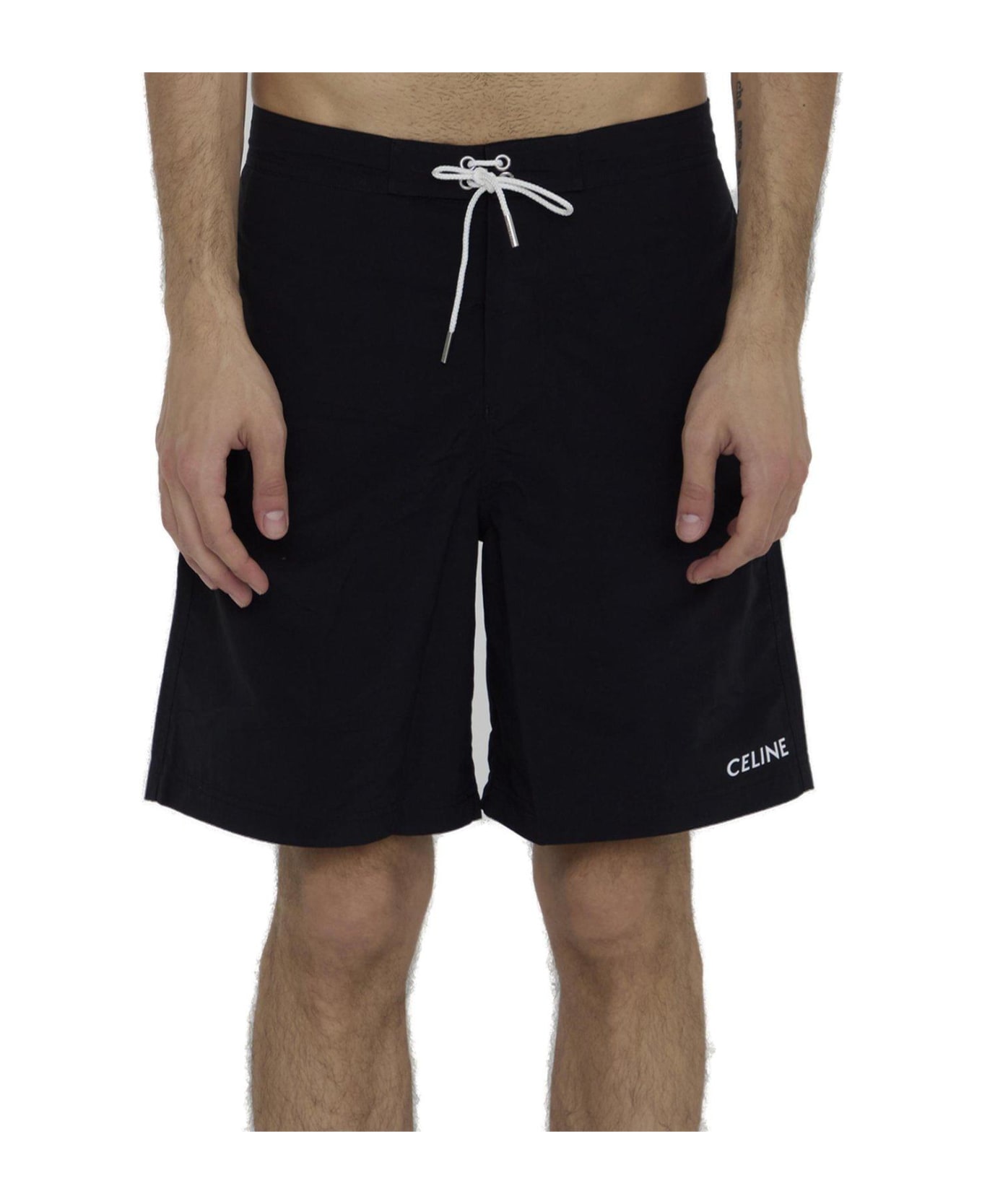 Celine Logo Detailed Drawstring Swim Shorts - Black