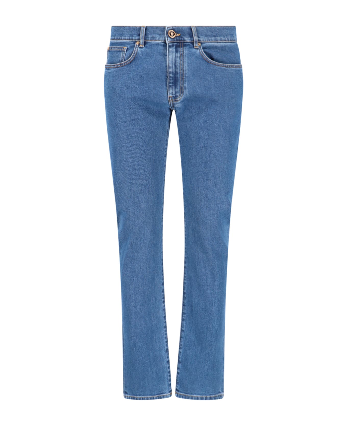 Versace Blue Fitted Jeans With Logo Embroidered And Botton In Cotton Blend Denim Woman - Blue