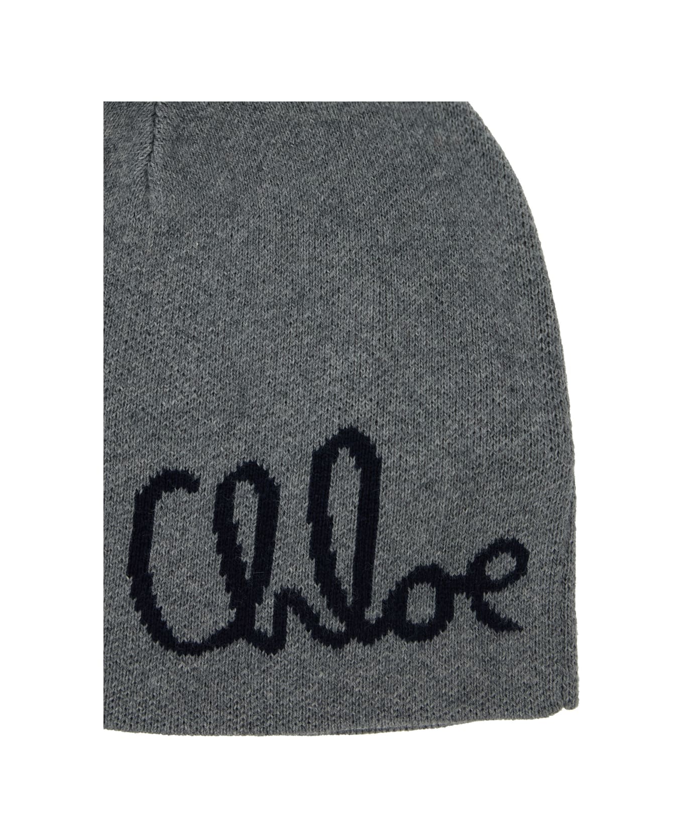 Chloé Grey Beanie With Pompon And Logo Lettering In Wool And Cotton Girl - Grey アクセサリー＆ギフト