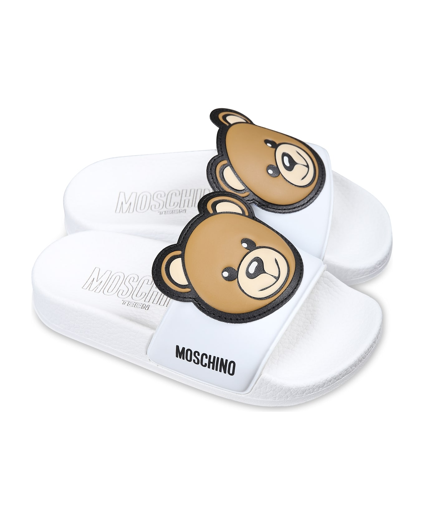Moschino White Slippers For Kids With Teddy Bear - White