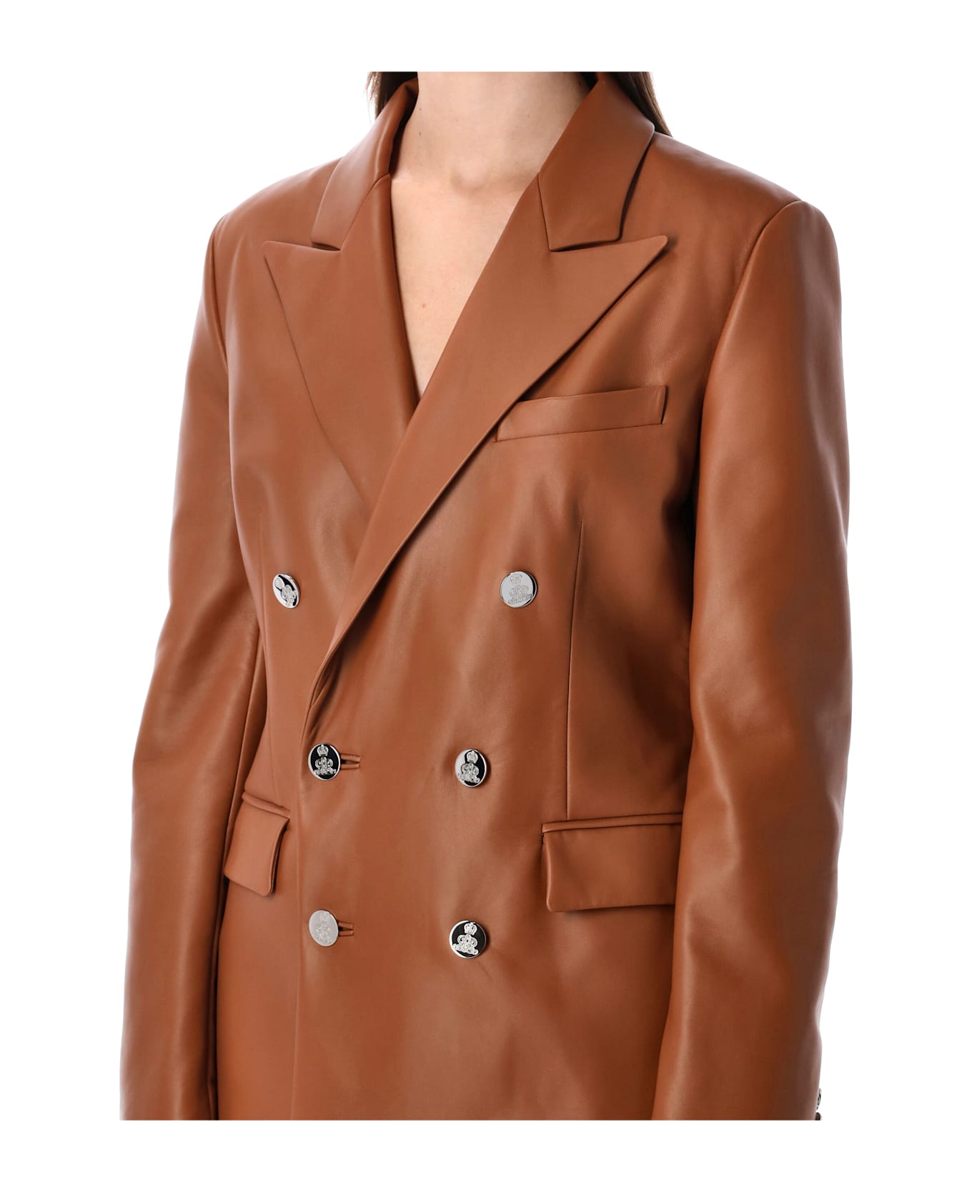 Ralph Lauren Brown Leather Double-breasted Blazer - LIGHT TOFFE
