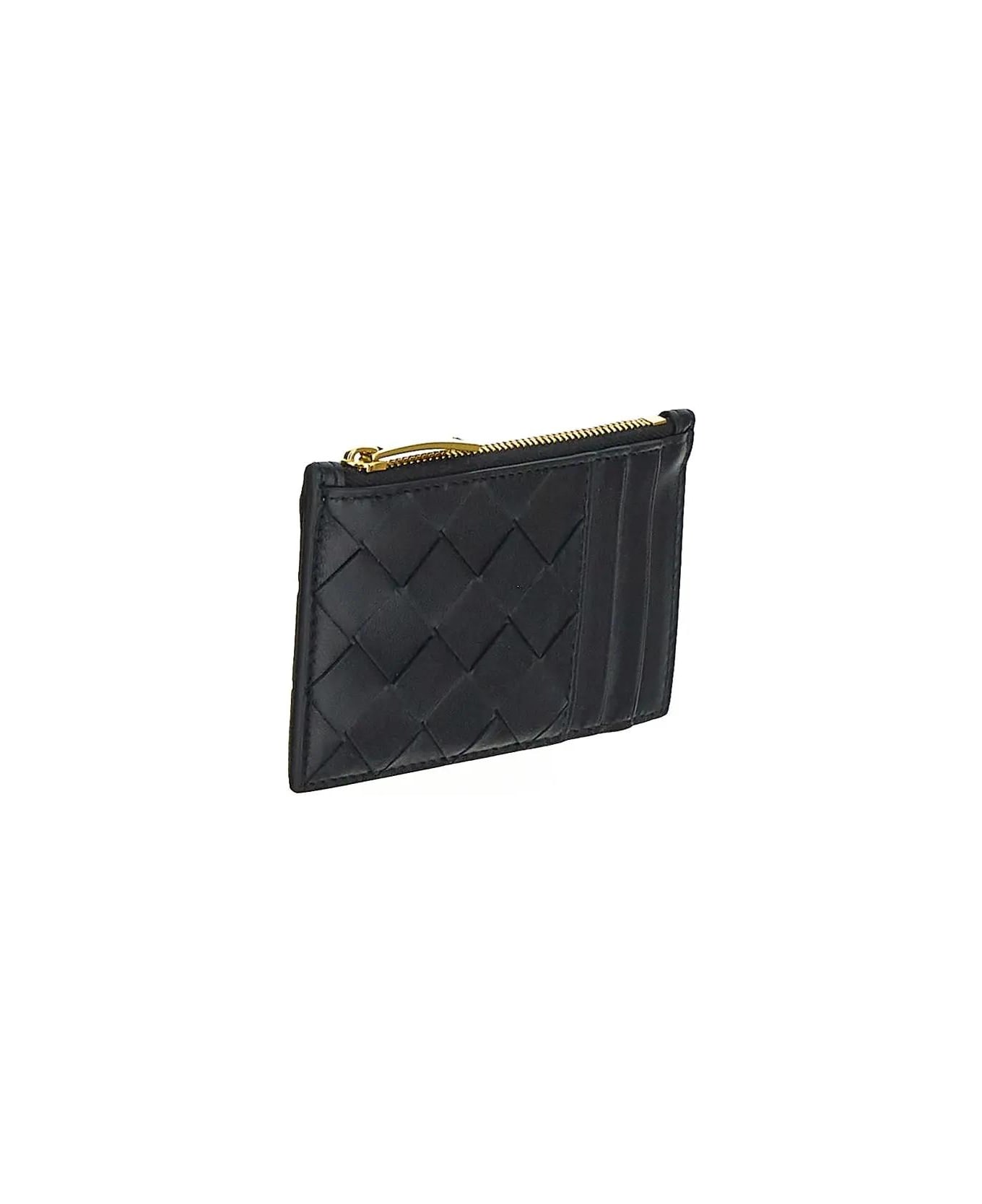 Bottega Veneta Intrecciato Zipped Card Case - BLACK-GOLD