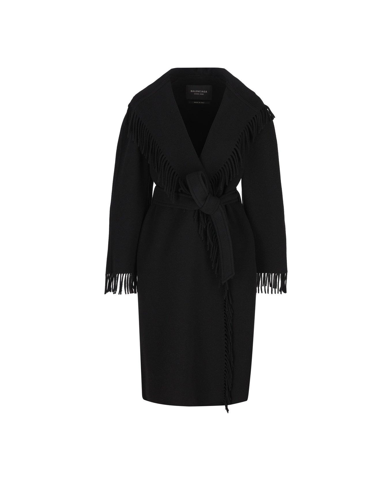 Balenciaga Belted Fringed Coat - BLACK