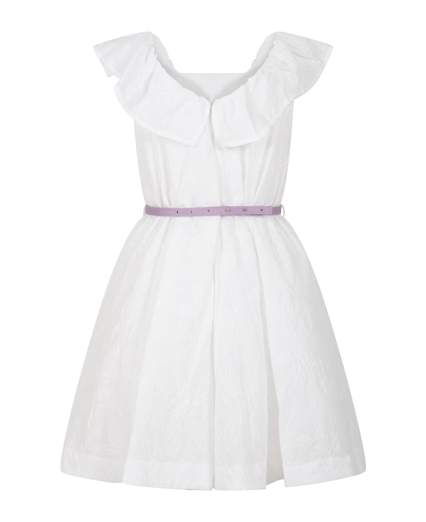 Monnalisa White Dress For Girl With Flowers - White ワンピース＆ドレス