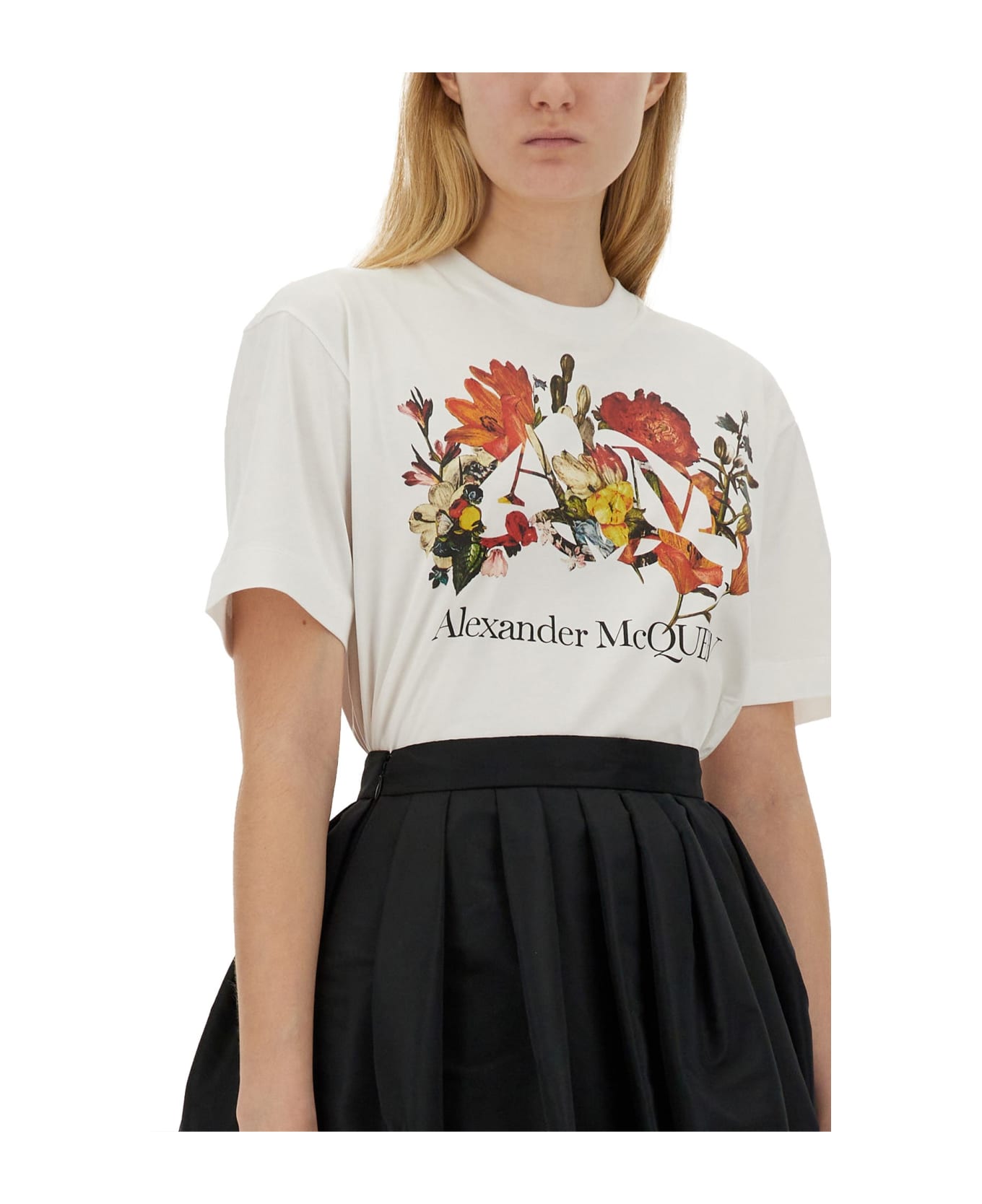 Alexander McQueen T-shirt With Logo And Dutch Flower Motif - BIANCO