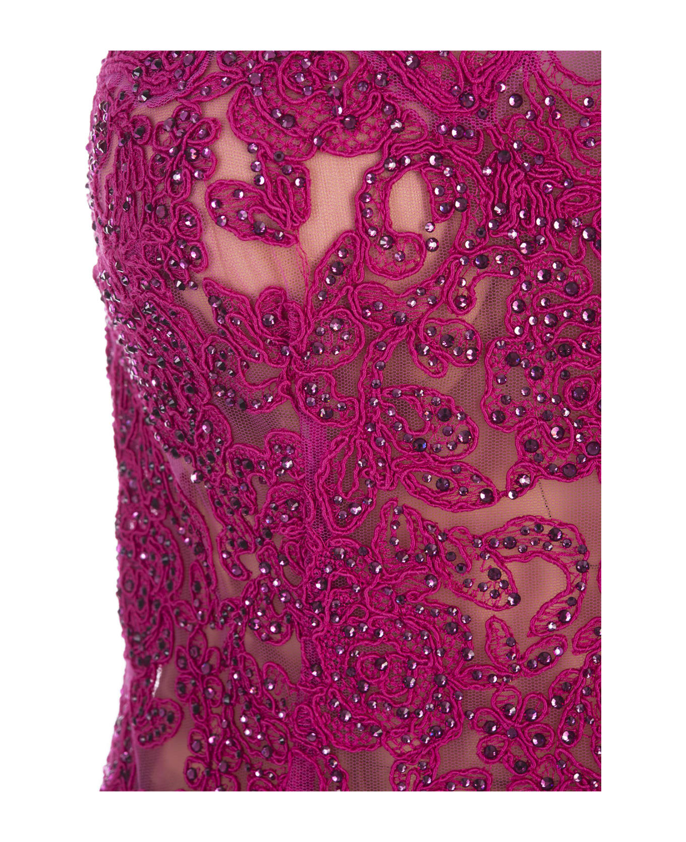 Ermanno Scervino Fuchsia Lace Longuette Dress With Micro Crystals - Pink