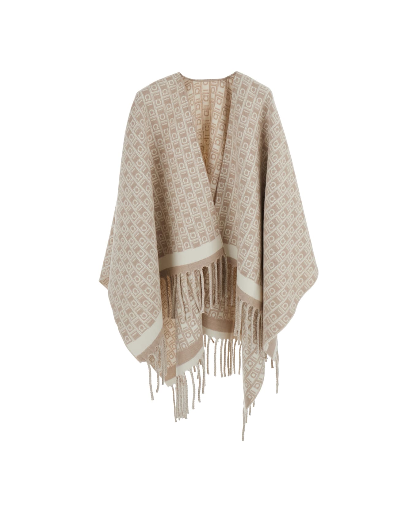 Ferragamo Beige Crewneck Cape With Fringed Hem And All-over Gancini Embroidery In Wool Woman - Beige