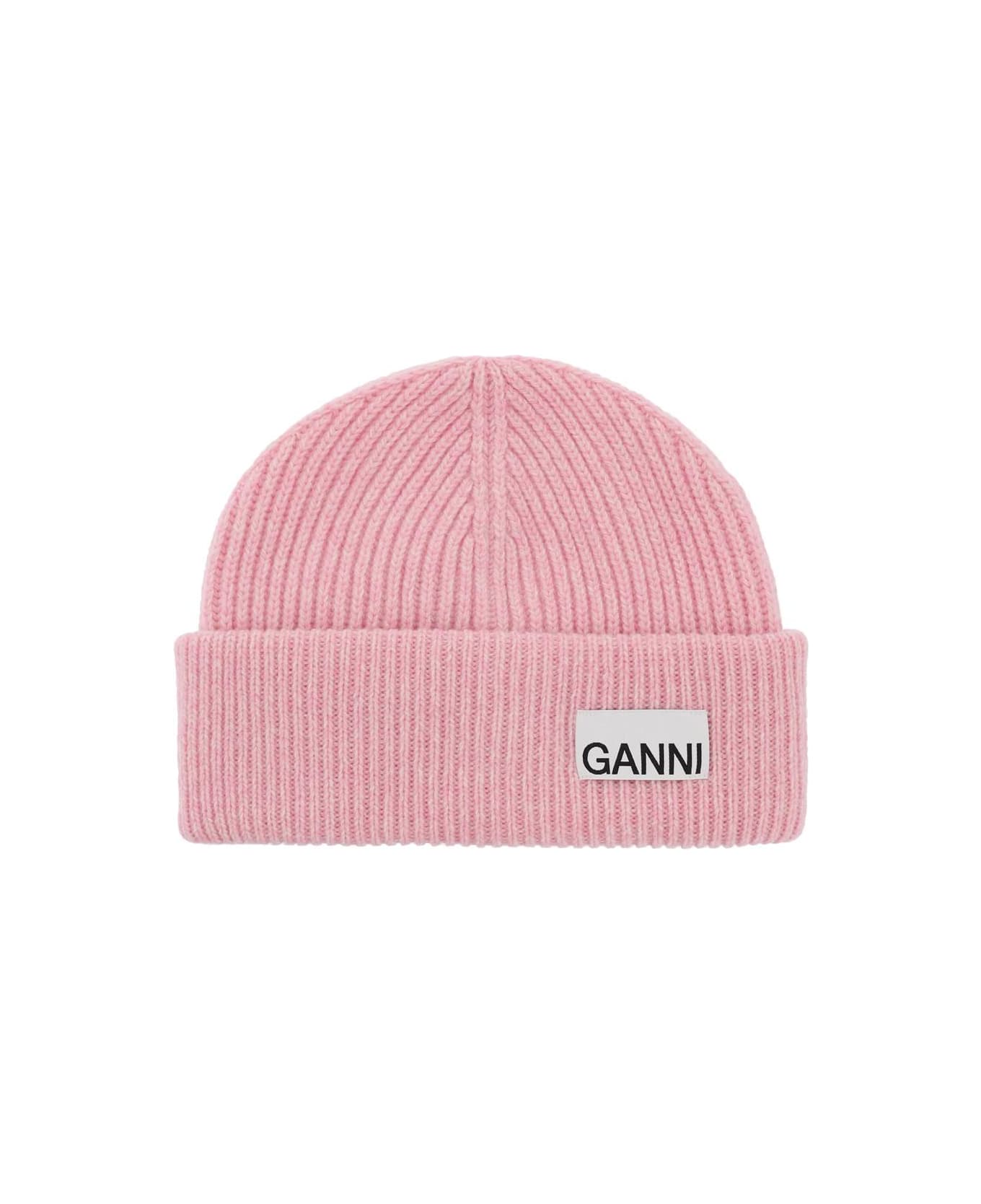 Ganni Beanie Hat With Logo Label - MAUVE CHALK (Pink) 帽子