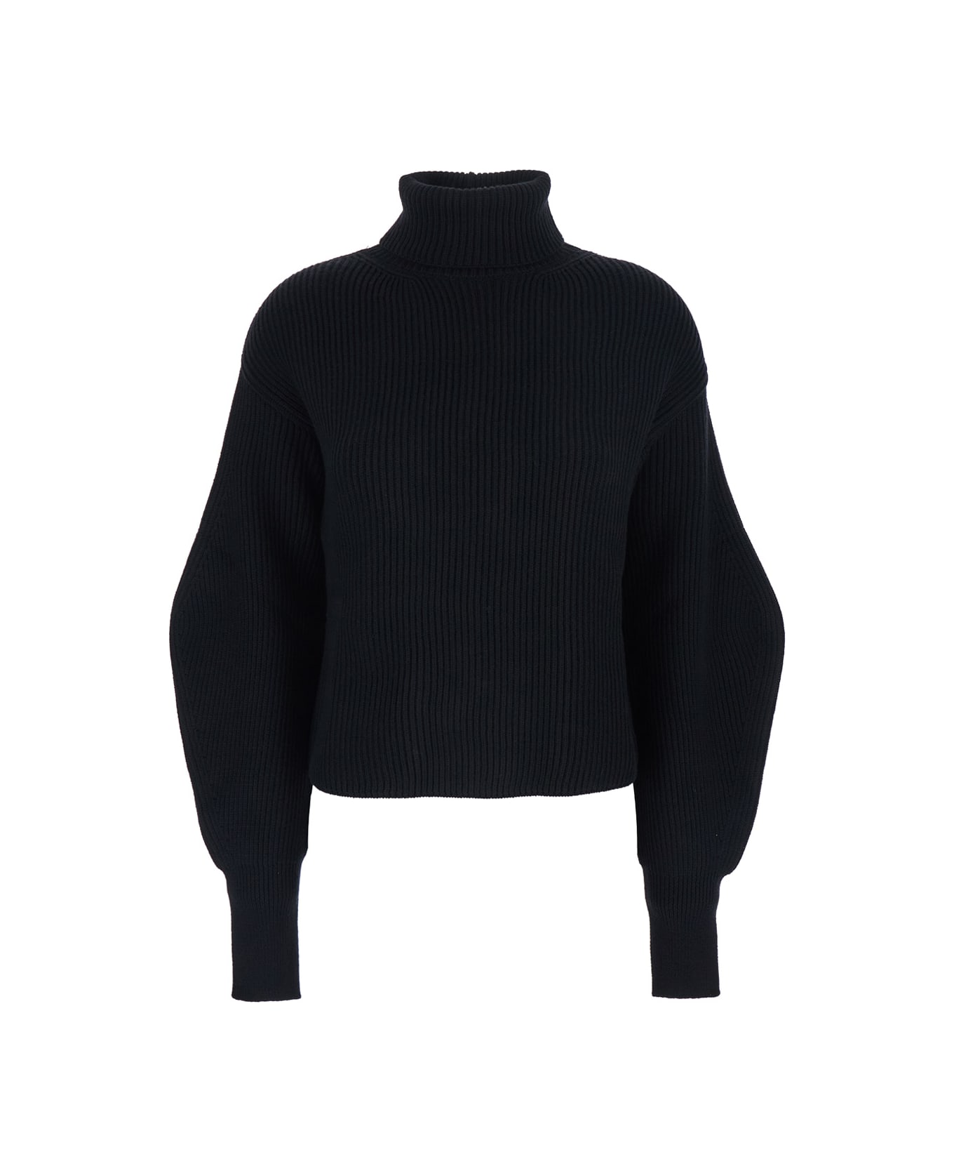 Parosh Black Turtleneck Cropped Sweater With Dropped Shoulders And Ribbed Knit In Wool Woman - Black