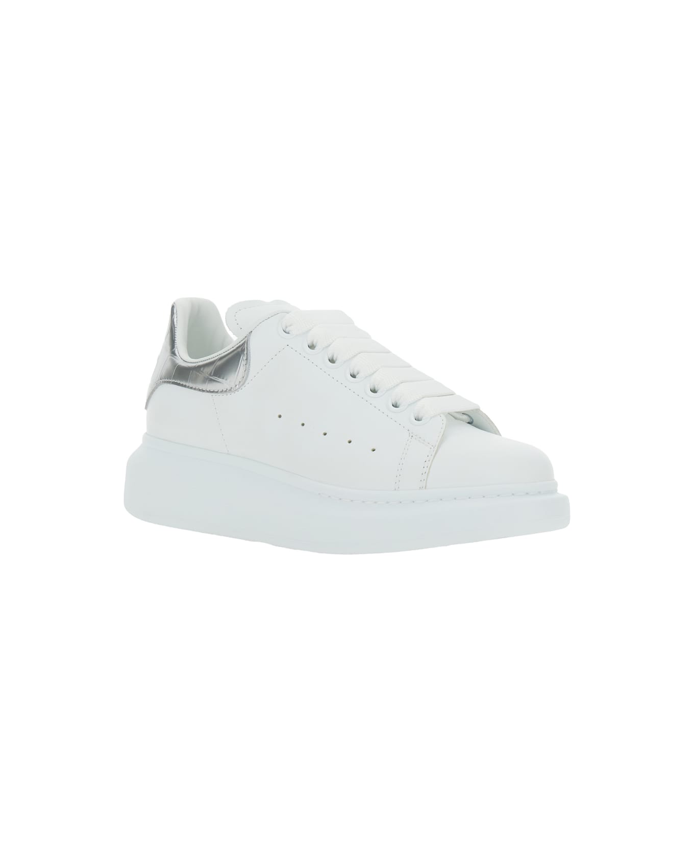 Alexander McQueen White Leather Sneakers With Silver Leather Heel - WHITESILVER