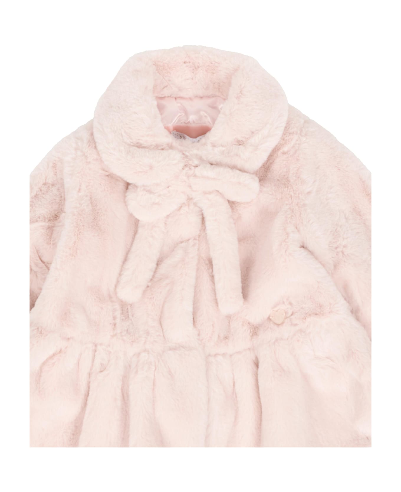 Monnalisa Pink Faux Fur Coat For Baby Girl With Logo - Pink
