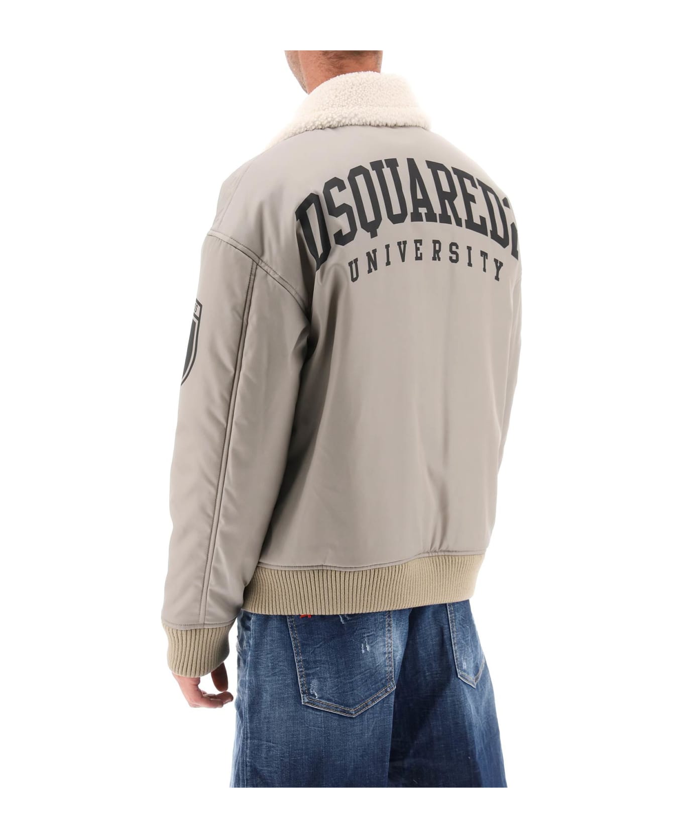 Dsquared2 Padded Bomber Jacket With Collar In Lamb Fur - STONE (Grey)