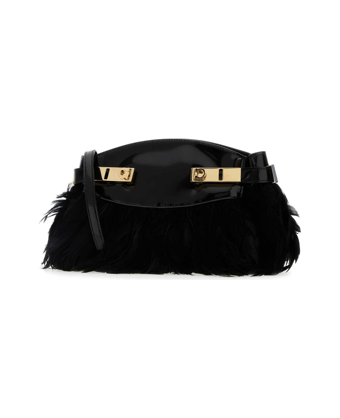Ferragamo Black Leather And Feathers Hug Clutch - NERO