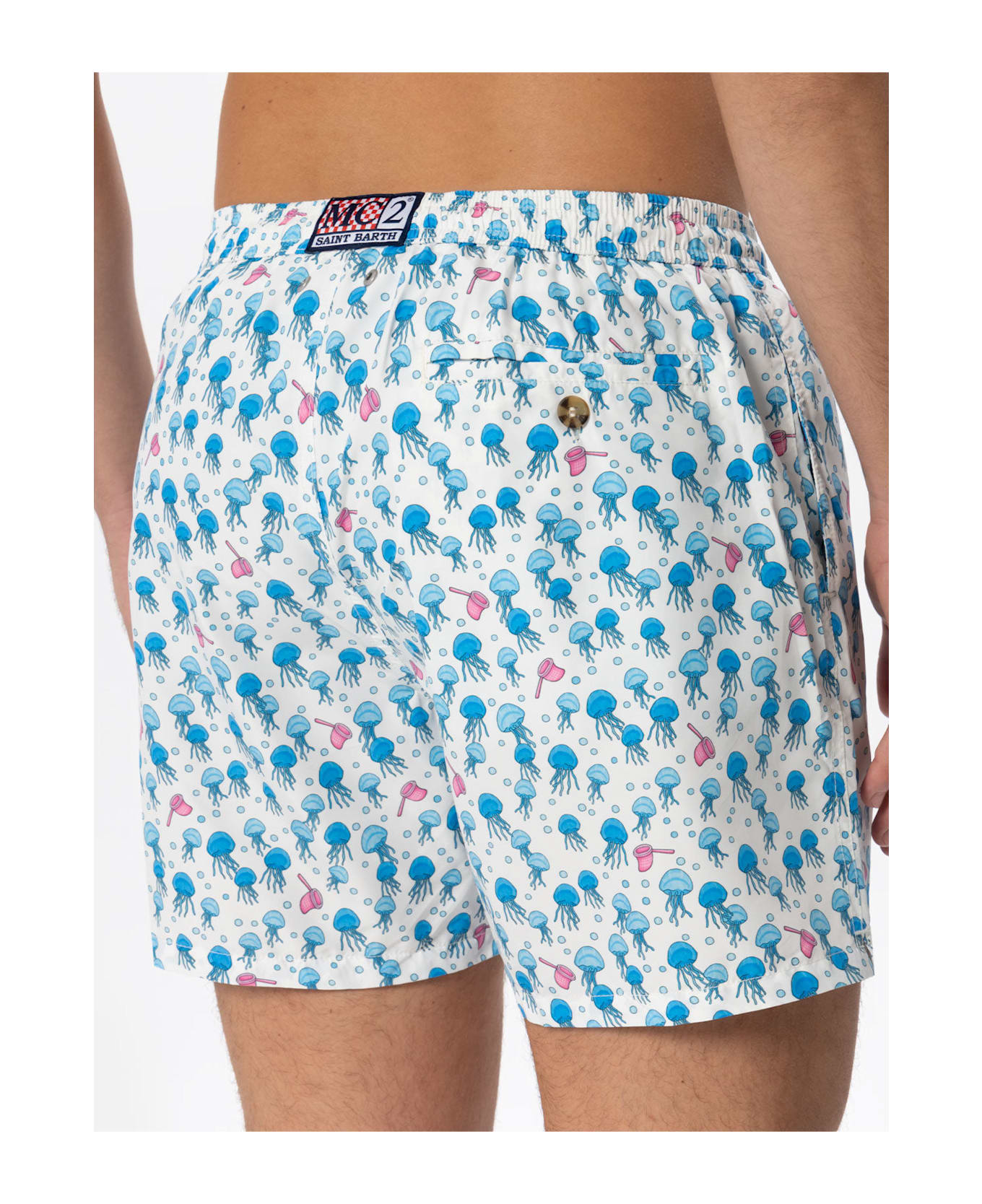 MC2 Saint Barth Man Light Fabric Swim Shorts With Jellyfish Print - WHITE