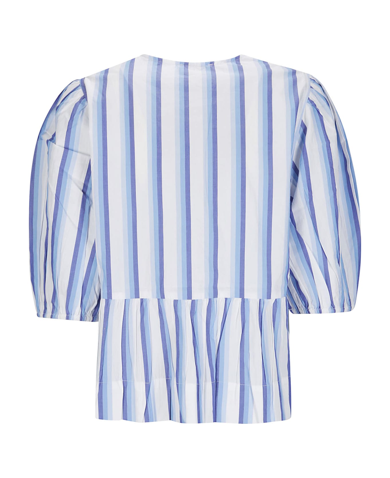 Ganni Stripe Cotton Peplum Puff Sleeve Blouse - SILVER LAKE BLUE ブラウス