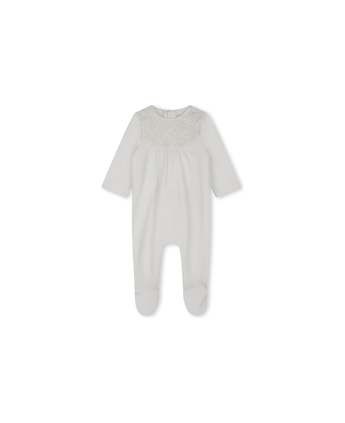 Chloé Grey Romper With Wavy And Floral Embroidery - White