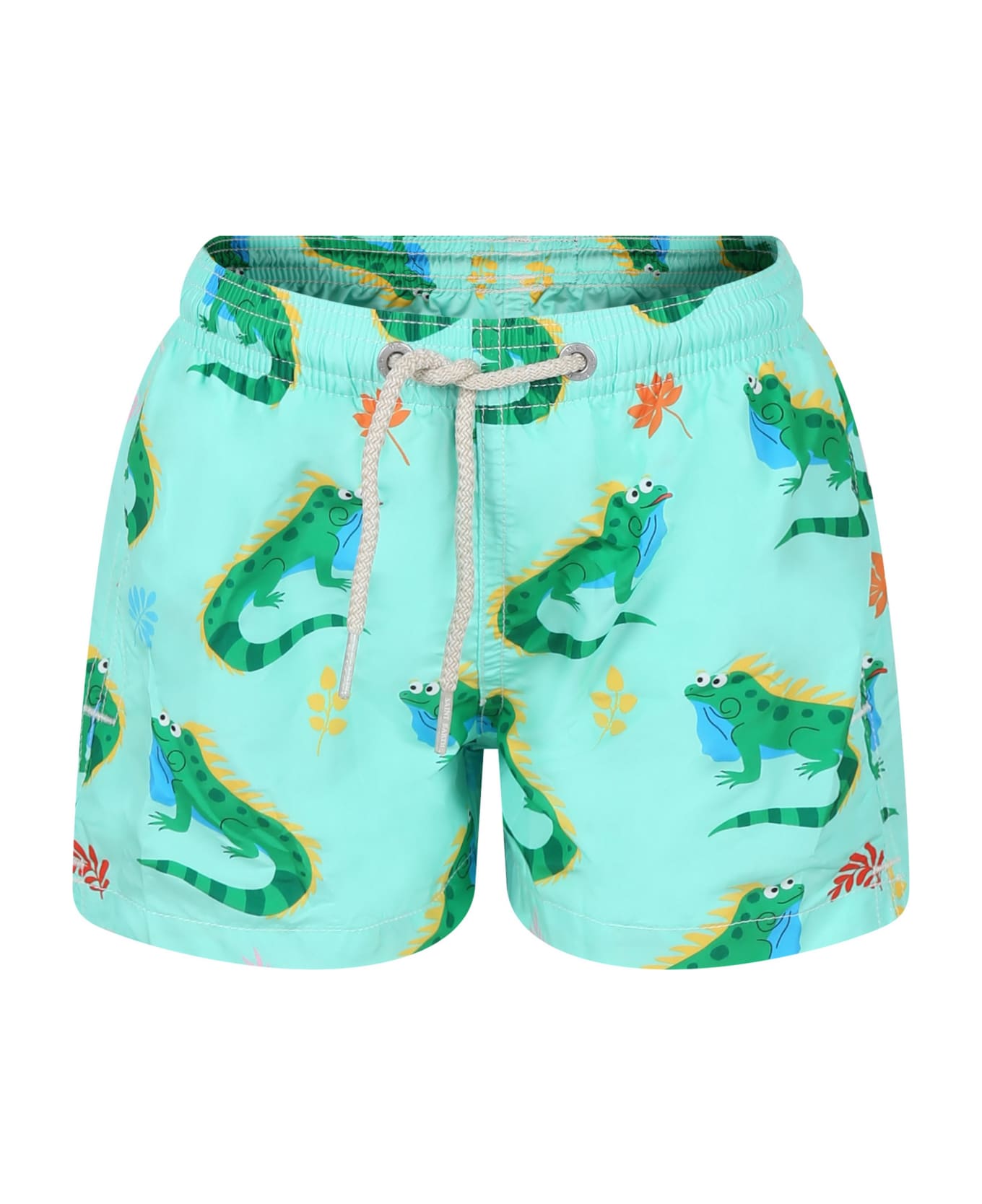MC2 Saint Barth Green Swimshorts For Boy With Iguana Print And Logo - Green
