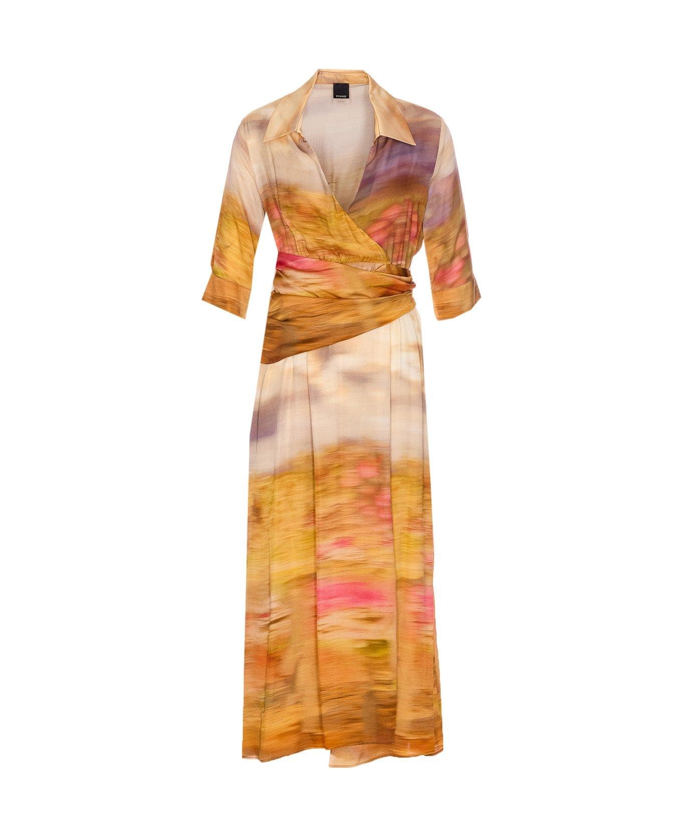 Pinko V-neck Printed Satin Dress - Beige
