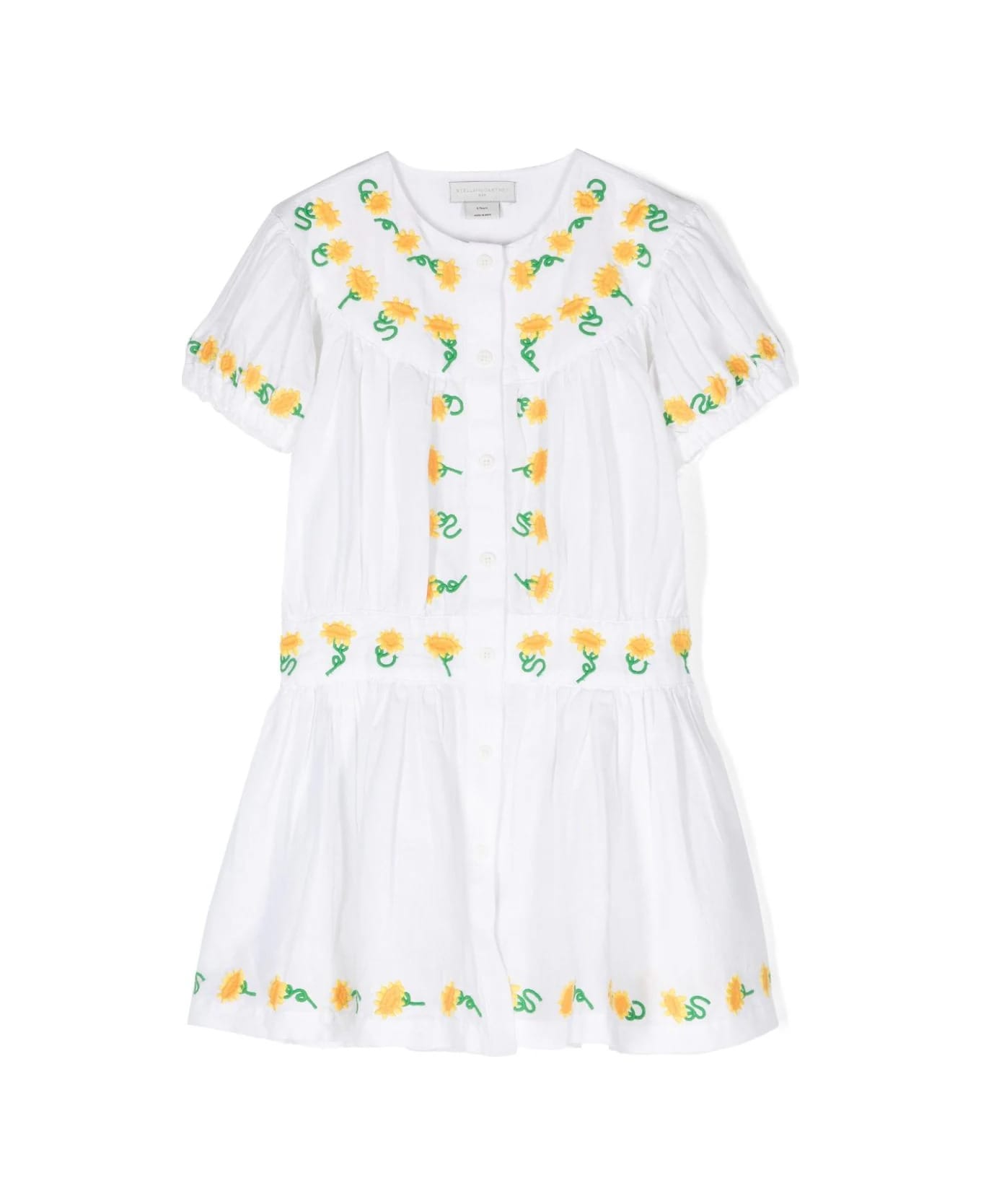 Stella McCartney Kids White Dress With Embroidered Sunflowers - White ワンピース＆ドレス