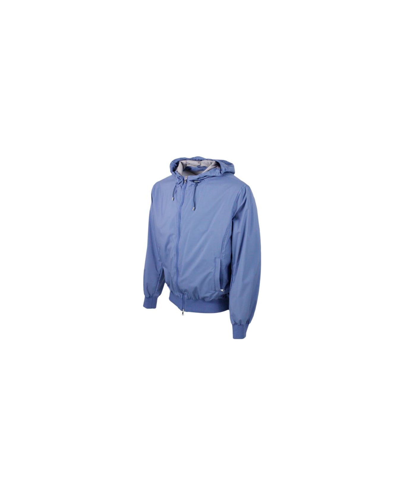 Barba Napoli Lightweight Bomber Jacket In Windproof Technical Fabric With Hood With Zip Closure And Knitted Cuffs And Bottom. - Blu light