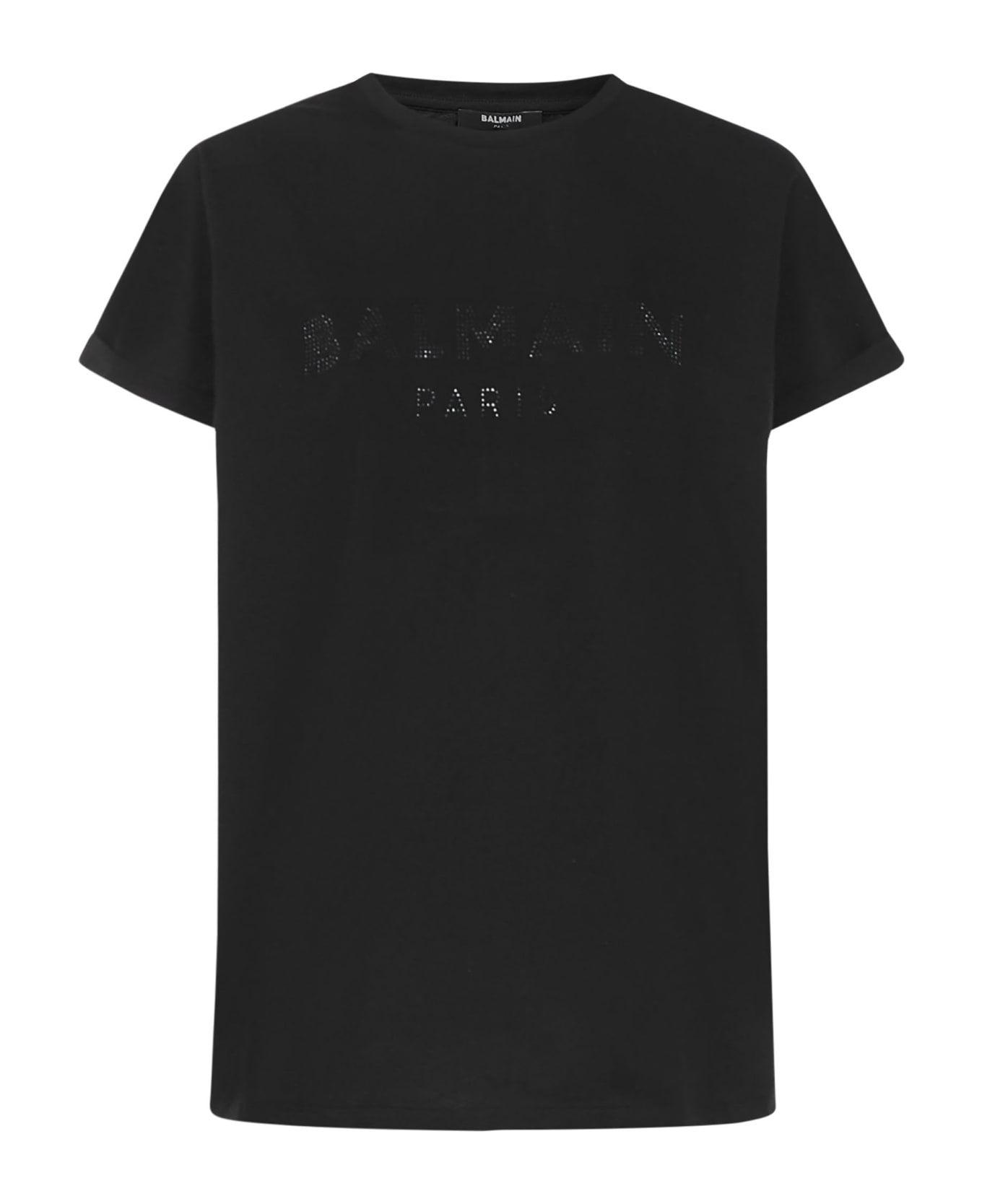 Balmain Crewneck T-shirt With Tonal Rhinestones Logo Detail - Black