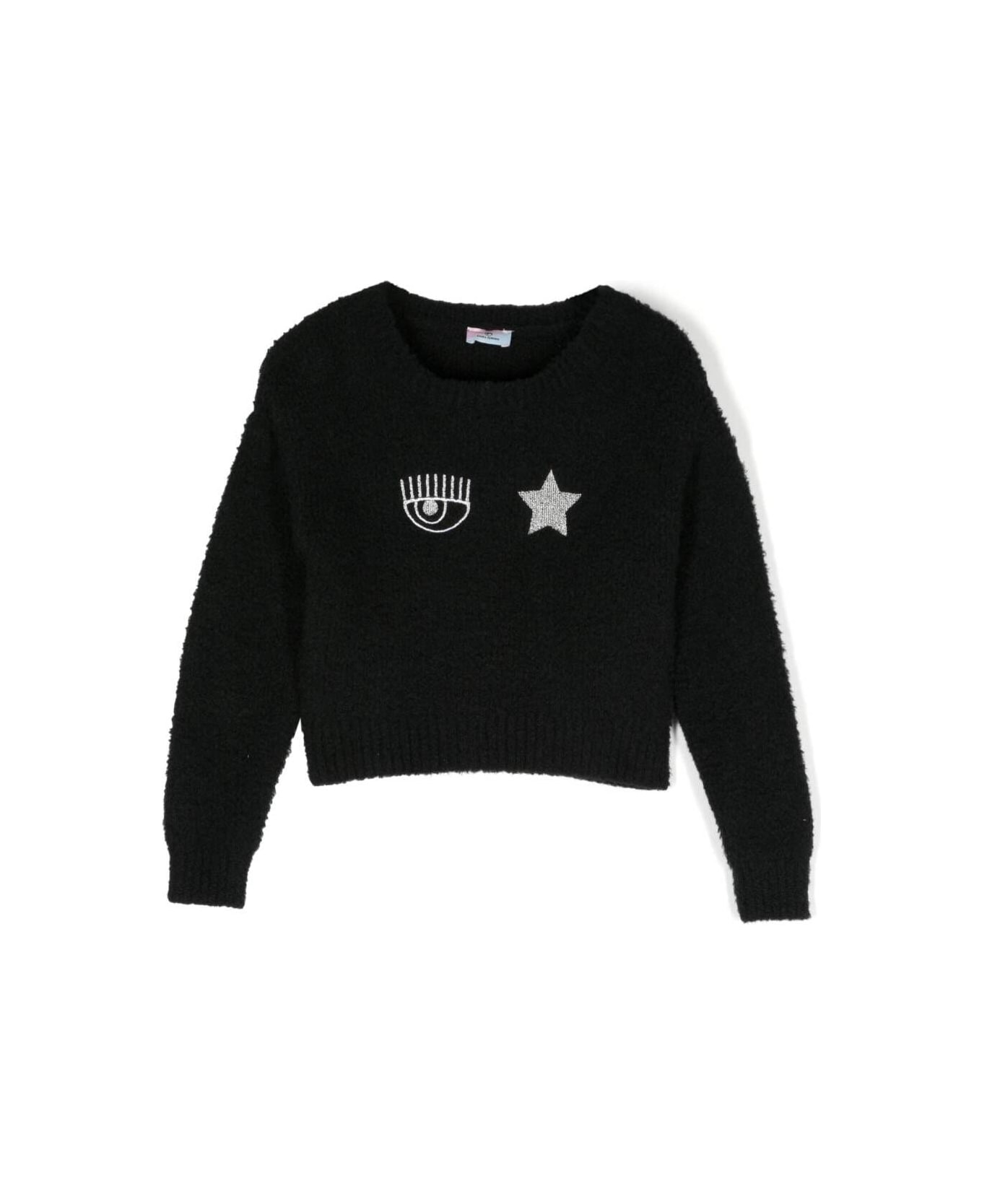 Chiara Ferragni Black Cropped Sweater With Logo Detail In Plush Effect Fabric Girl - Black
