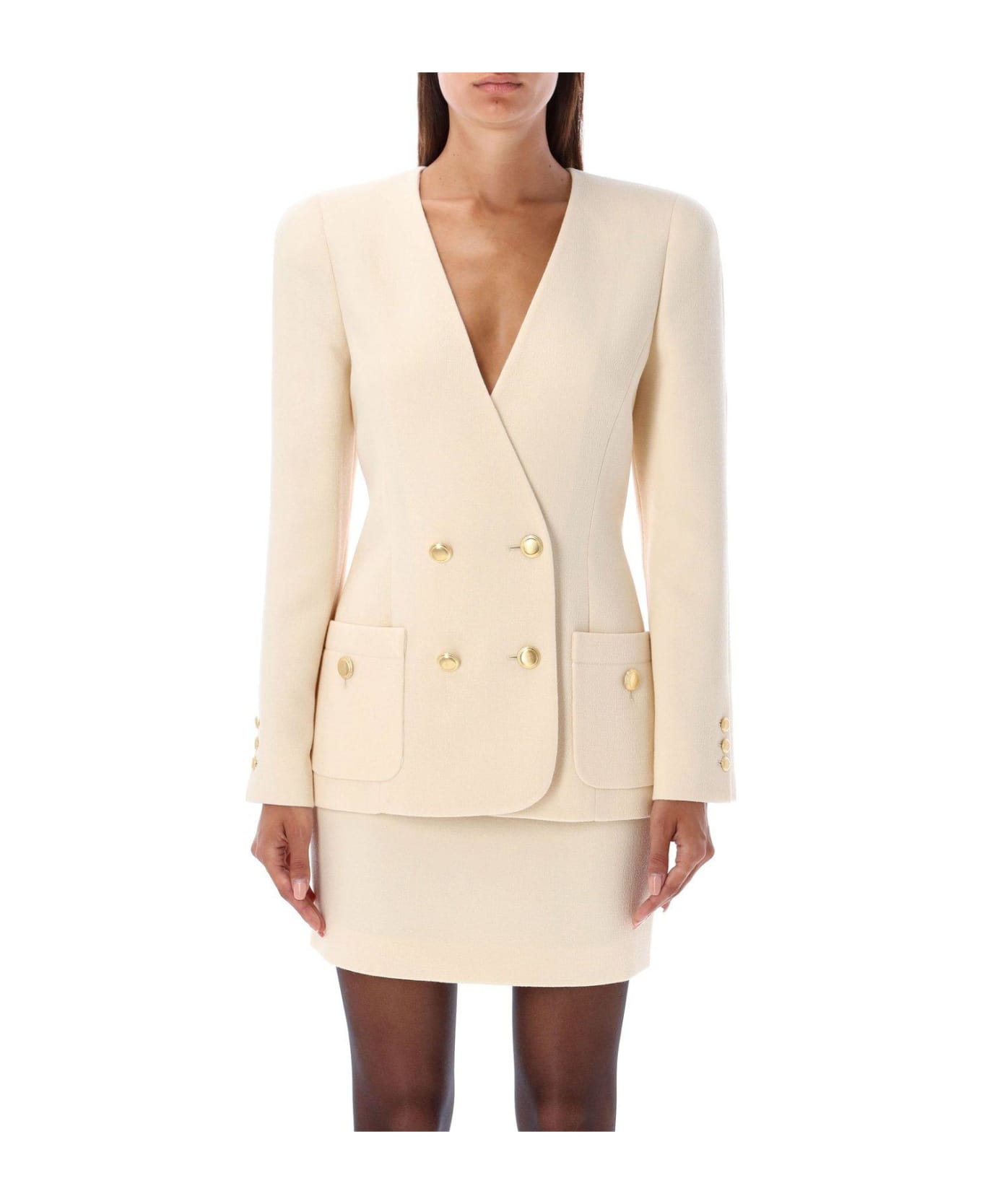 Alessandra Rich Collarless Double-breasted Blazer - White