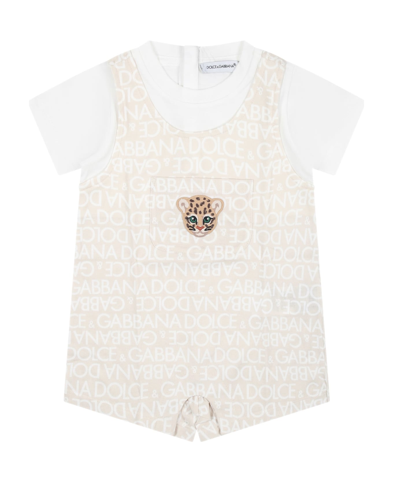 Dolce & Gabbana Beige Romper For Babies With Tiger And All-over Logo - Beige ボディスーツ＆セットアップ