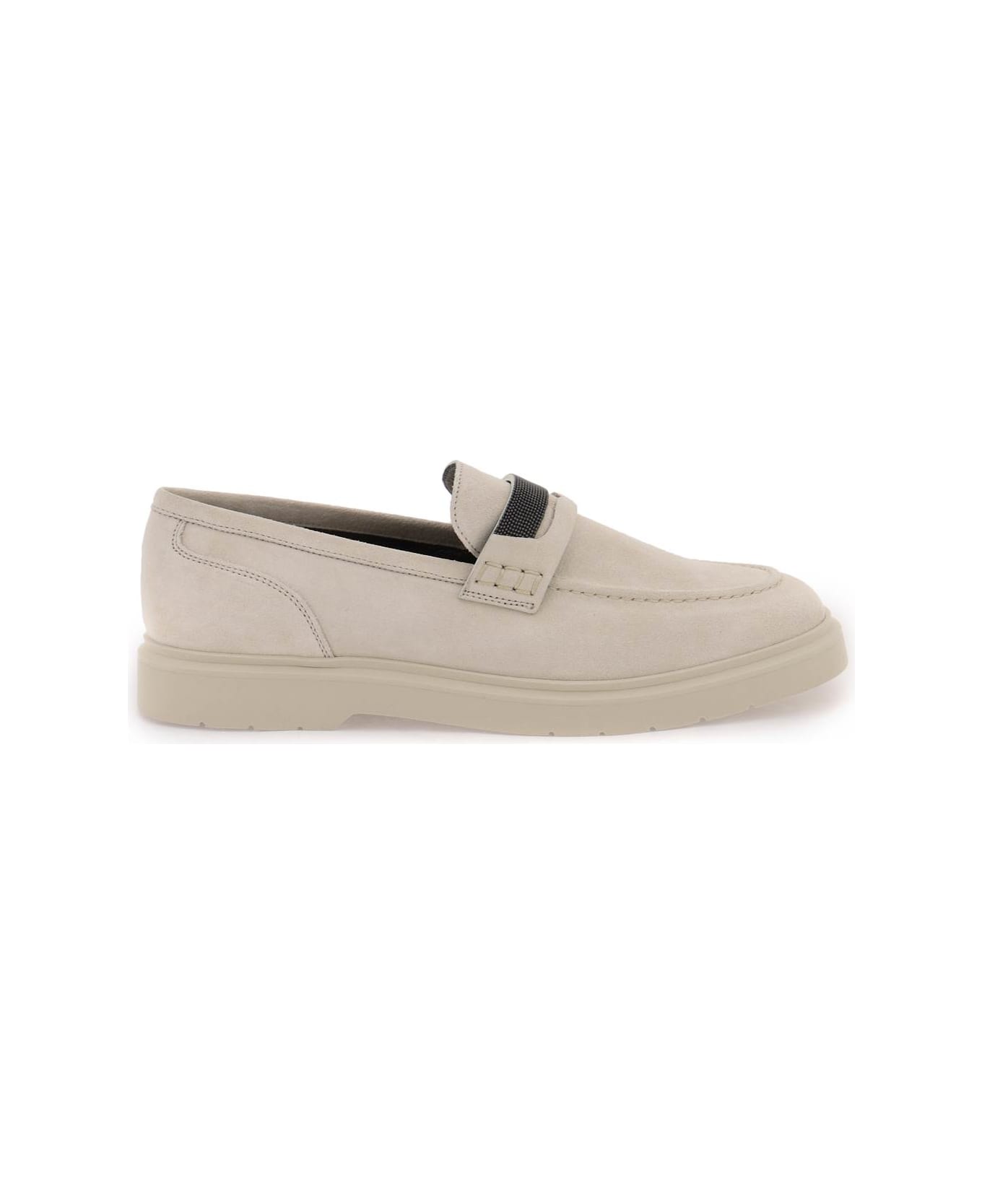Brunello Cucinelli Suede Penny Loafer With Jewellery - Beige フラットシューズ