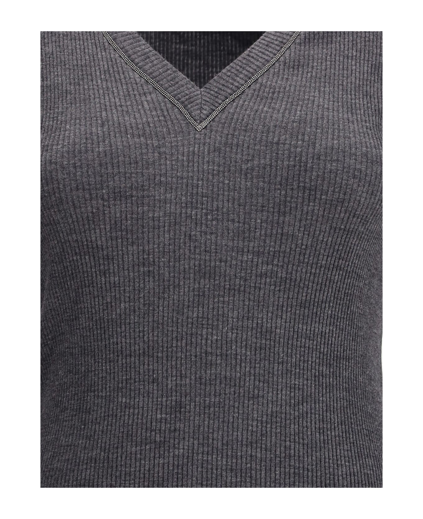 Brunello Cucinelli Long Sleeve Wool Ribbed Jersey T-shirt With Shiny Trim