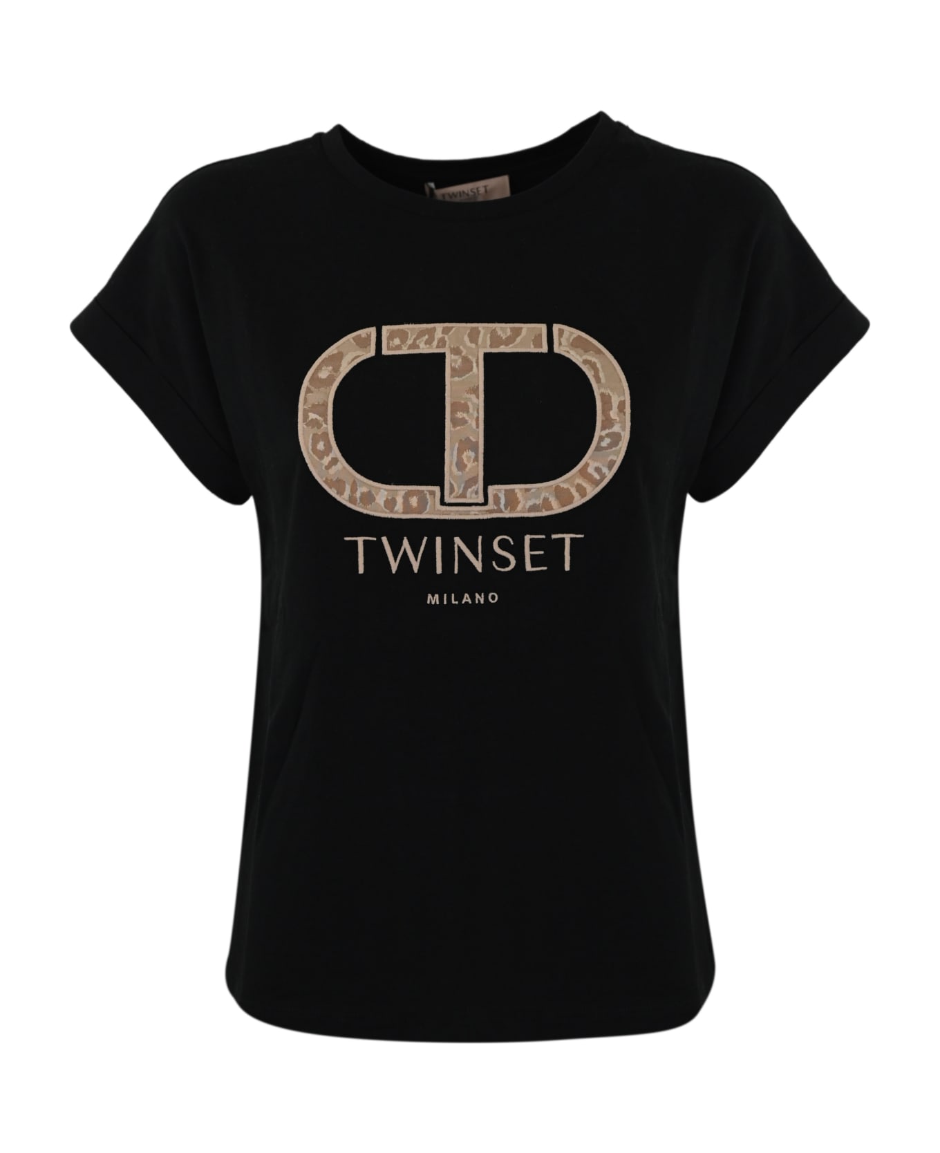 TwinSet Cotton T-shirt With Animalier Logo - Nero