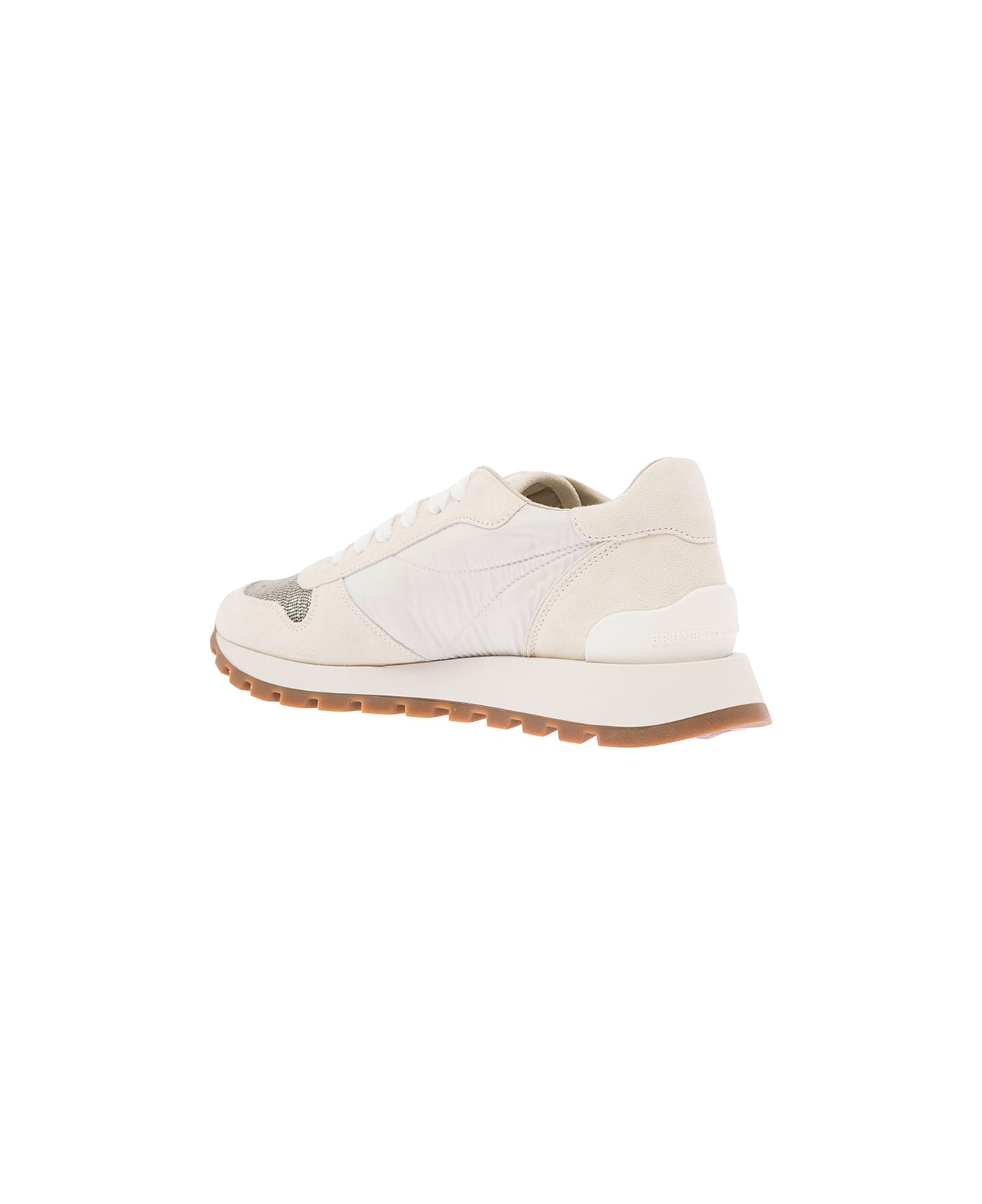 Brunello Cucinelli Woman's Runner White Leather Sneakers With Monile Insert - White