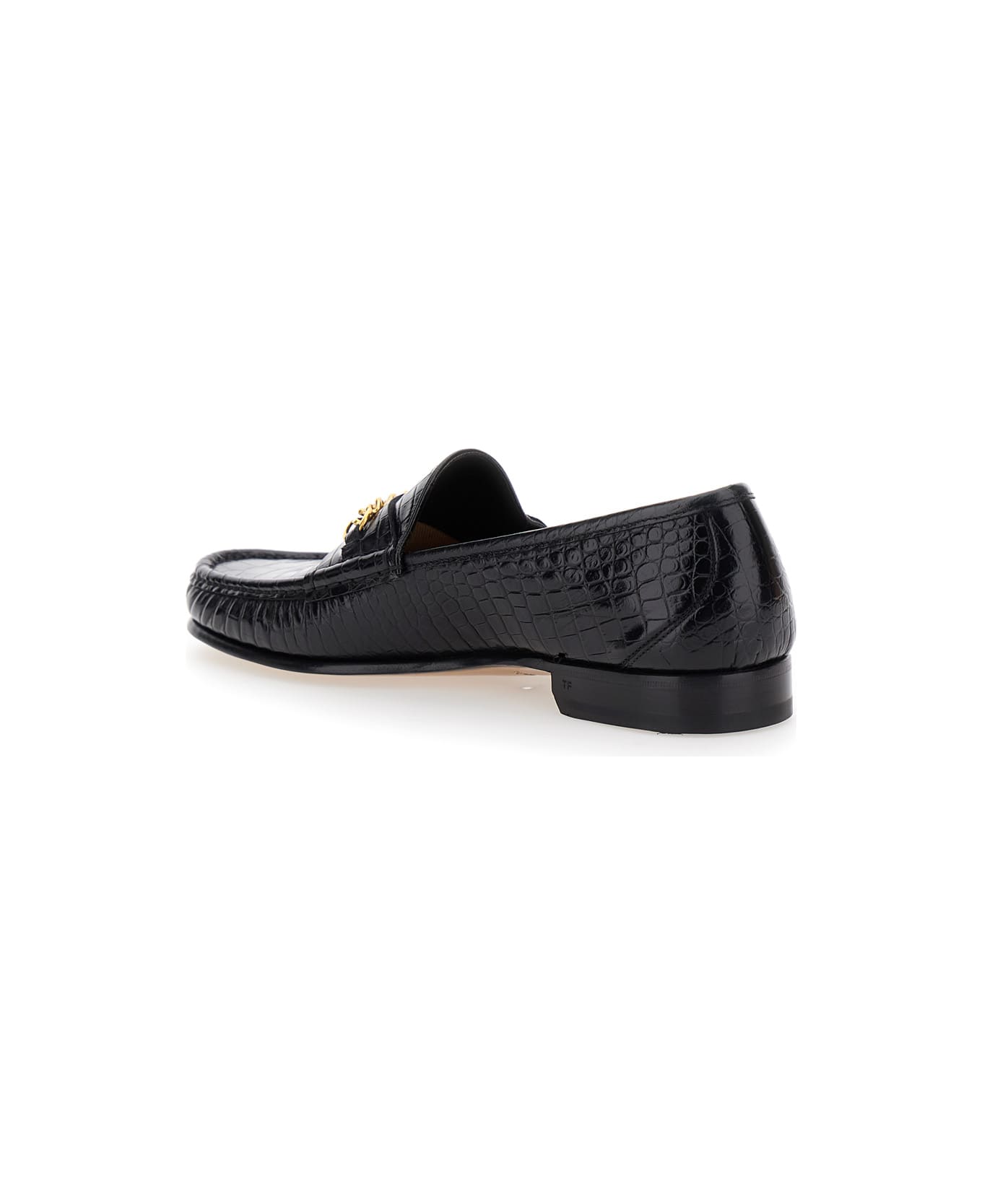 Tom Ford Black Slip-on Loafers With Chain Detail In Croco Effect Leather Man - Black