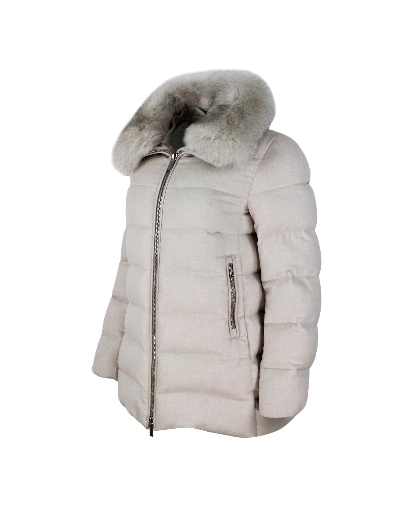 Moorer Coat Made In Fine Cashmere Blend Flannel Padded With Goose Down. Collar Trimmed With Detachable Fox Fur. - Almond