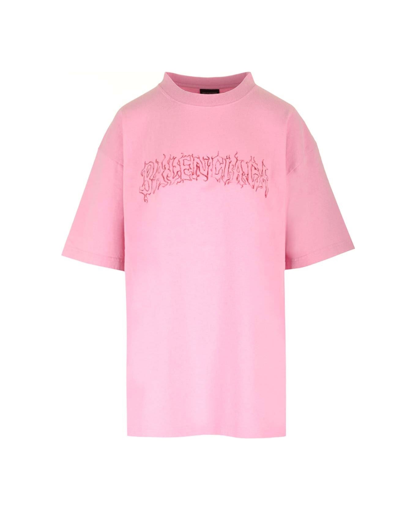 Balenciaga Logo Printed Crewneck T-shirt - Pink/red