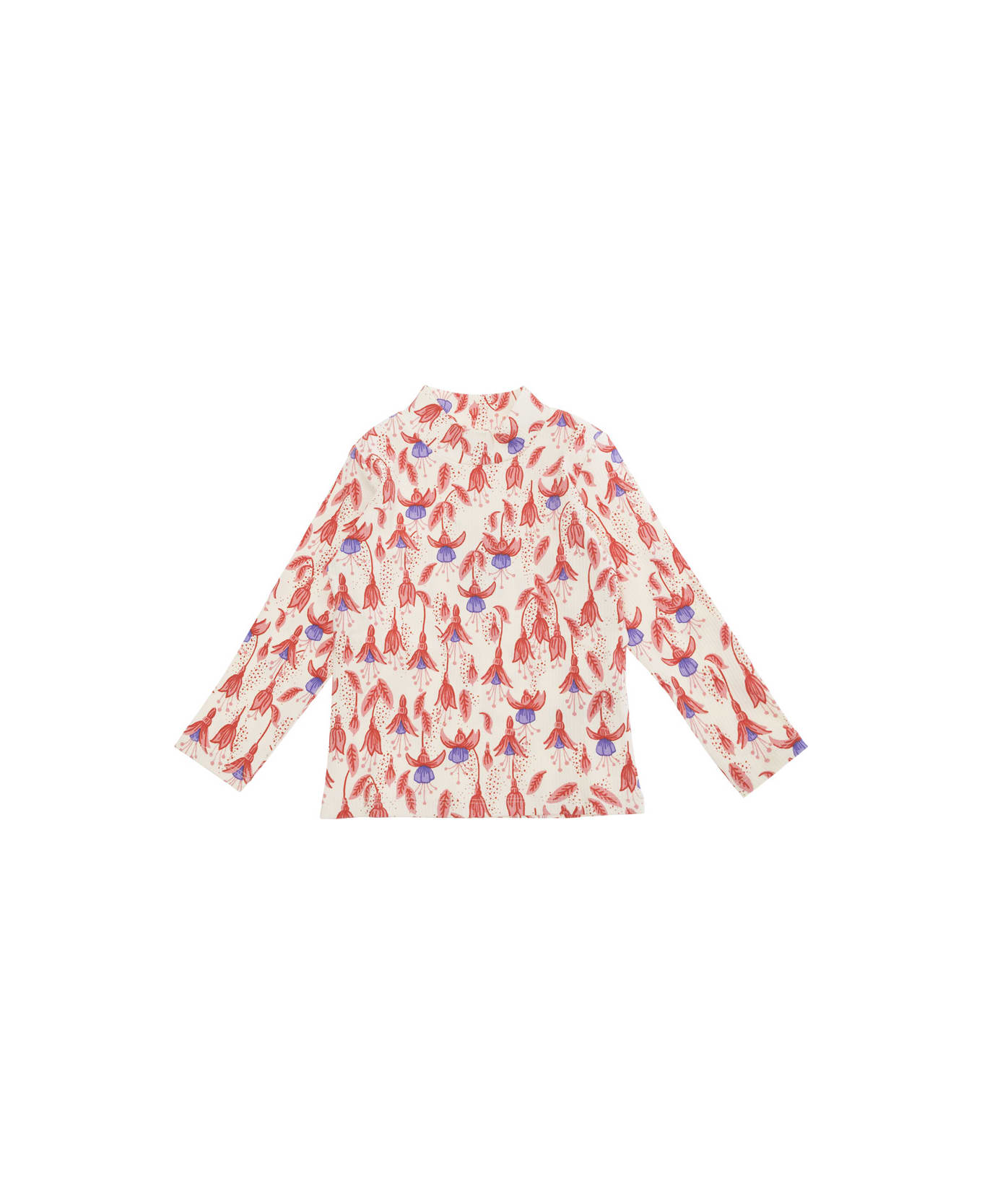 Mini Rodini Red T-shirt With High Neck And All-over Floral Motif In Cotton Stretch Girl - Multicolor