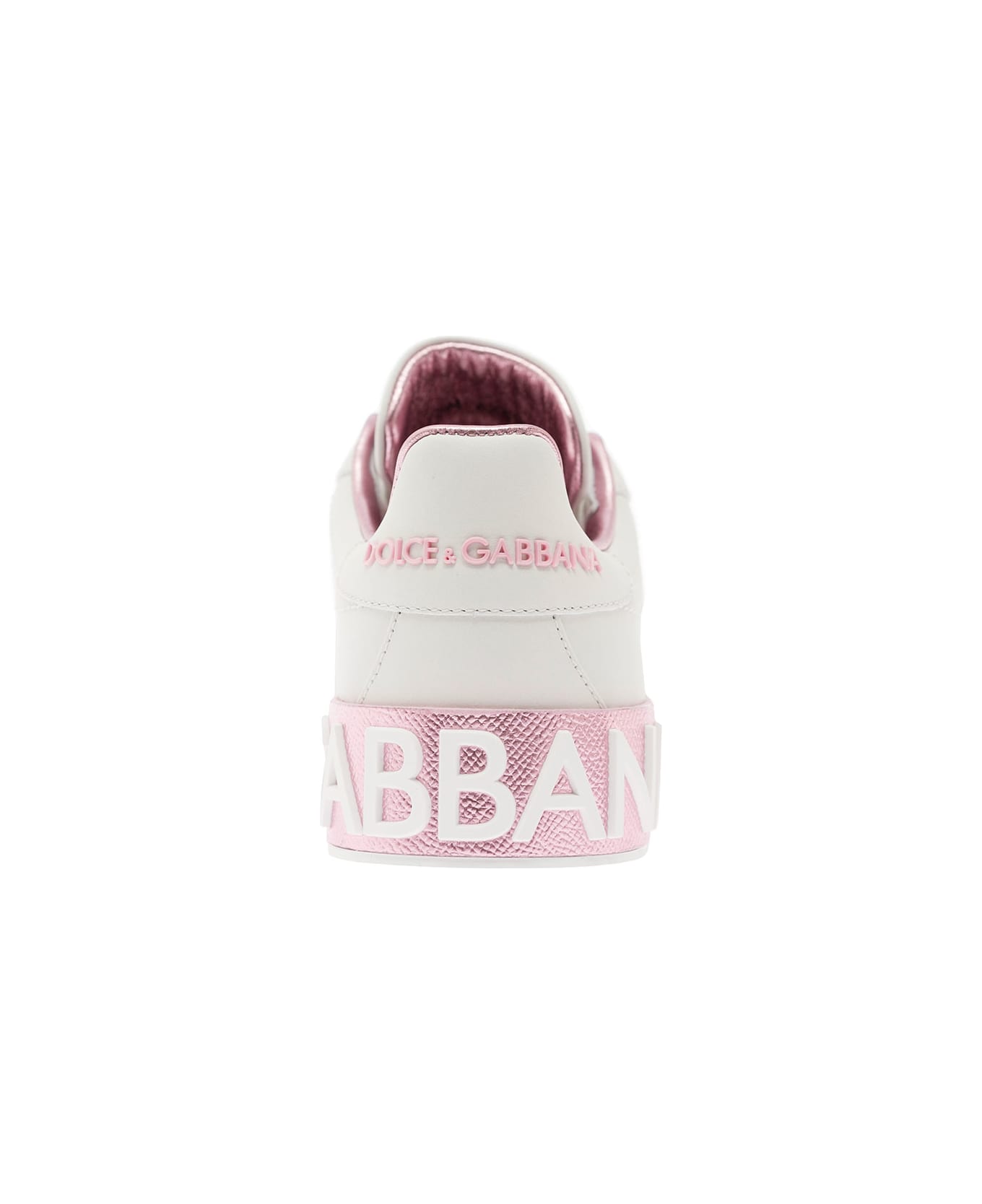 Dolce & Gabbana 'portofino' White And Pink Low Top Sneakers With Logo In Leather Woman - White