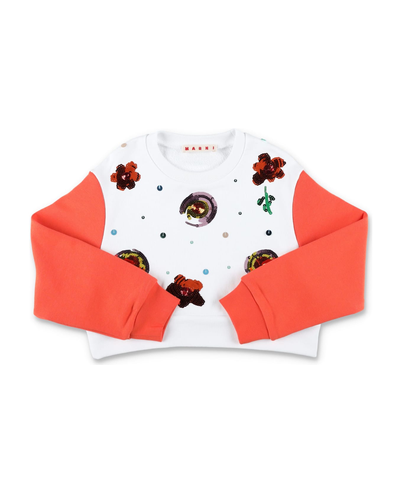 Marni Crew-neck Sweatshirt With Floral Graphics - WHITE/ORANGE ニットウェア＆スウェットシャツ