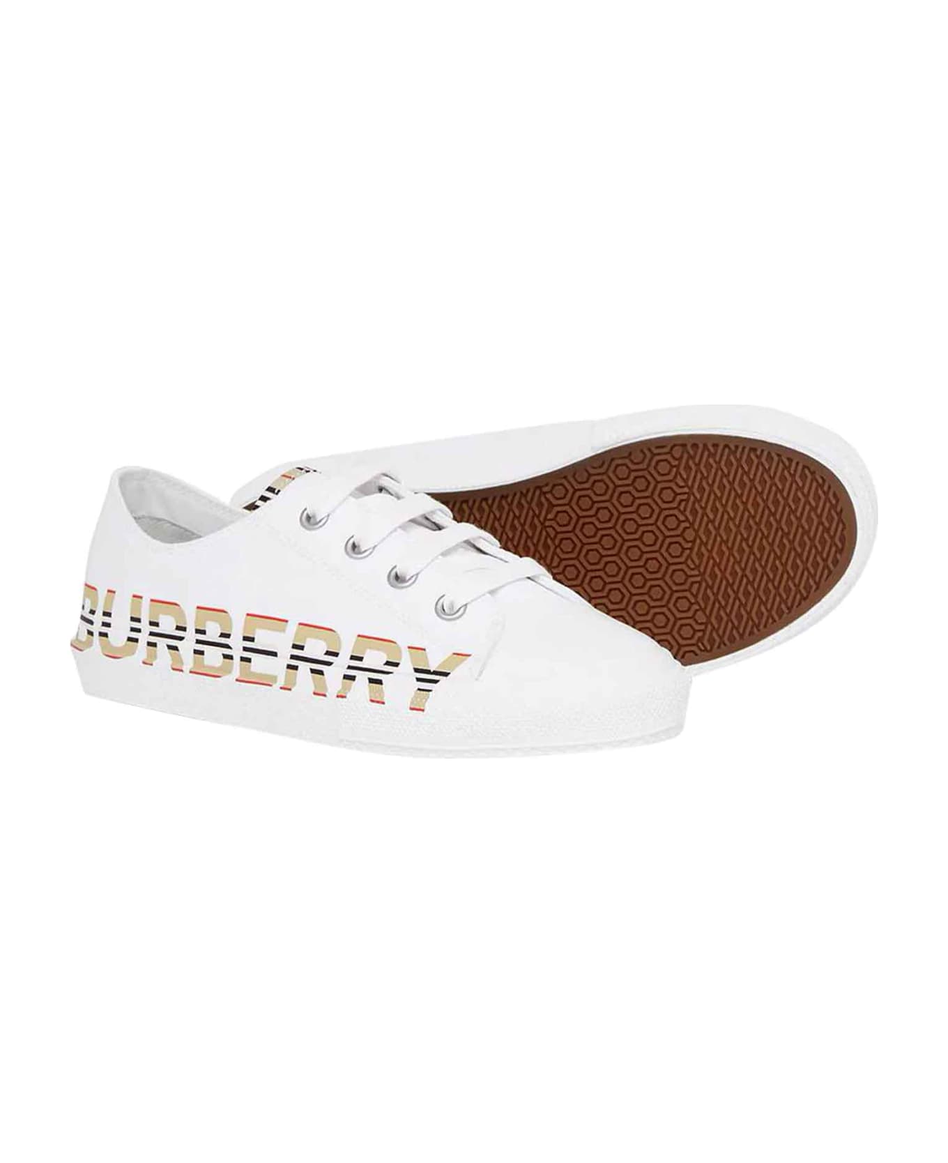 Burberry White Sneakers With Check Insert And Logo - Bianco