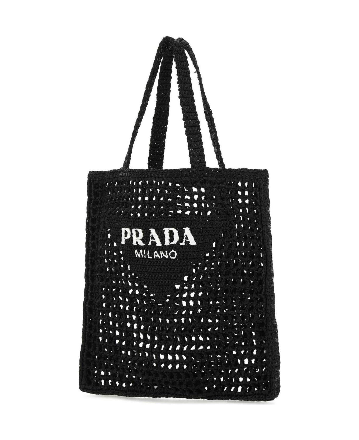 Prada Logo Embroidered Woven Tote Bag - Nero