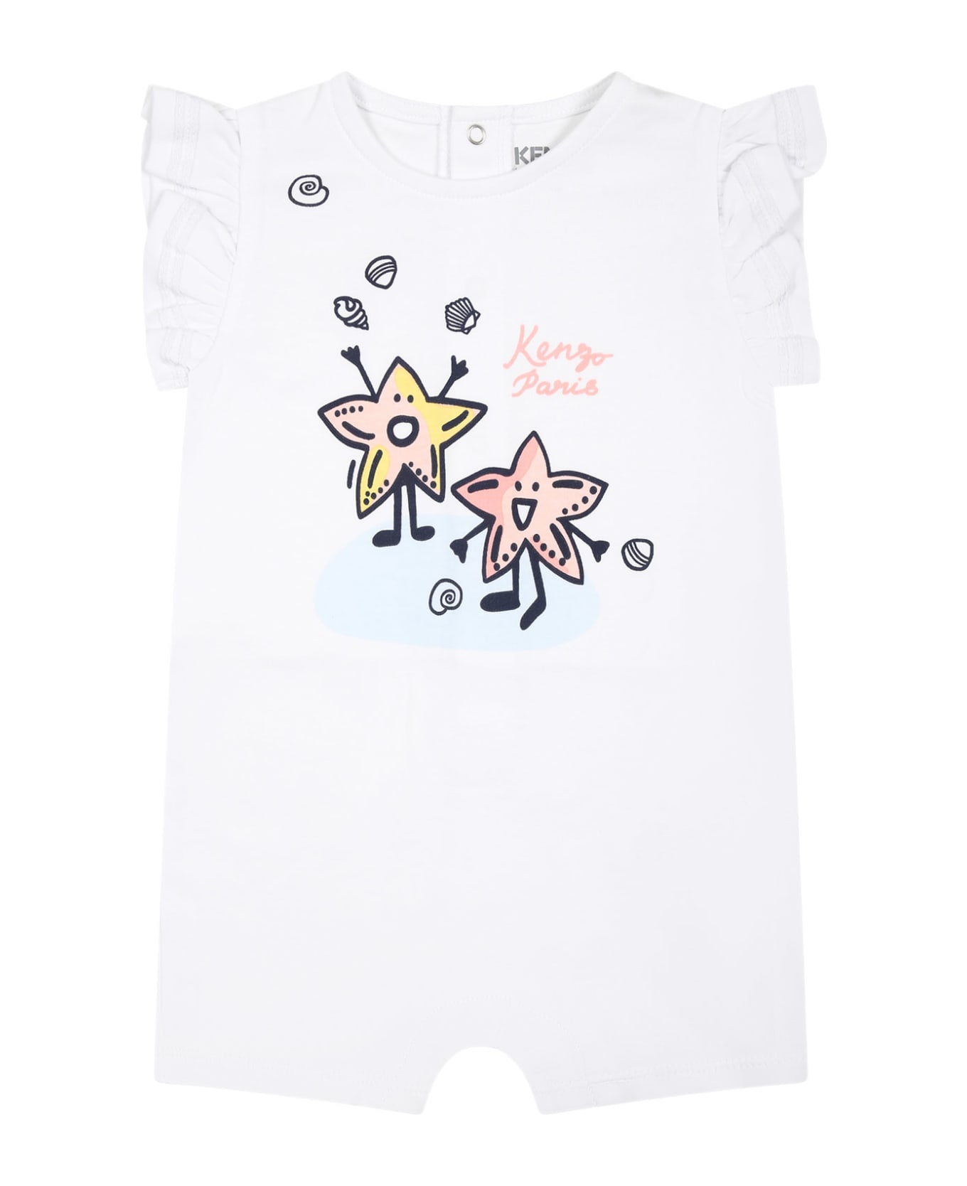 Kenzo Kids White Romper For Baby Girl With Starfish And Logo - White