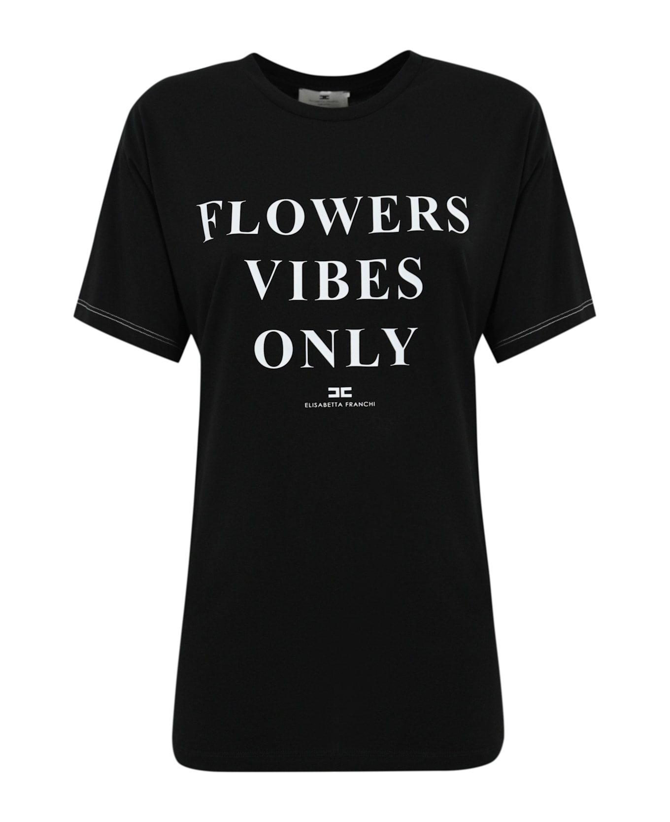 Elisabetta Franchi Jersey T-shirt With Print And Satin Bands - Nero