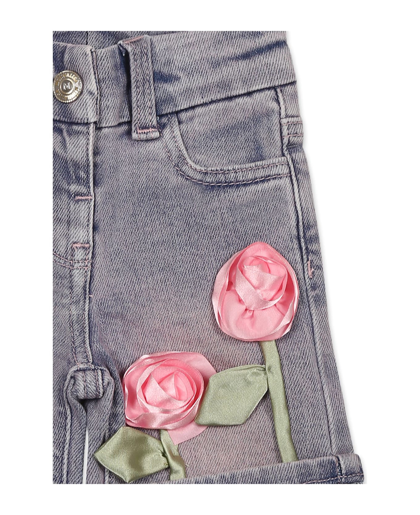 Monnalisa Denim Jeans For Baby Girl With Roses - Denim
