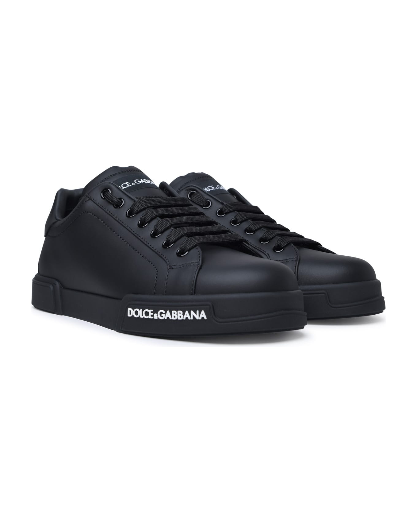 Dolce & Gabbana Black Leather Logo Portofino Sneaker Shoes