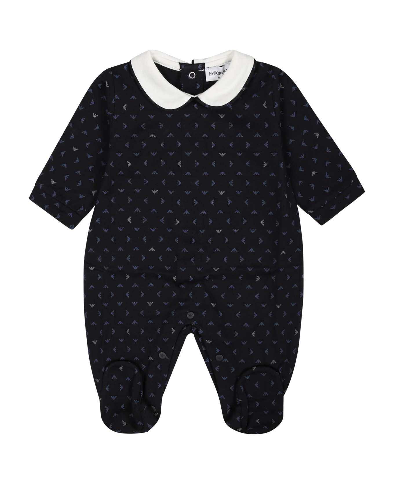 Emporio Armani Blue Playsuit For Baby Boy With All-over Eagle Logo - Blue ボディスーツ＆セットアップ